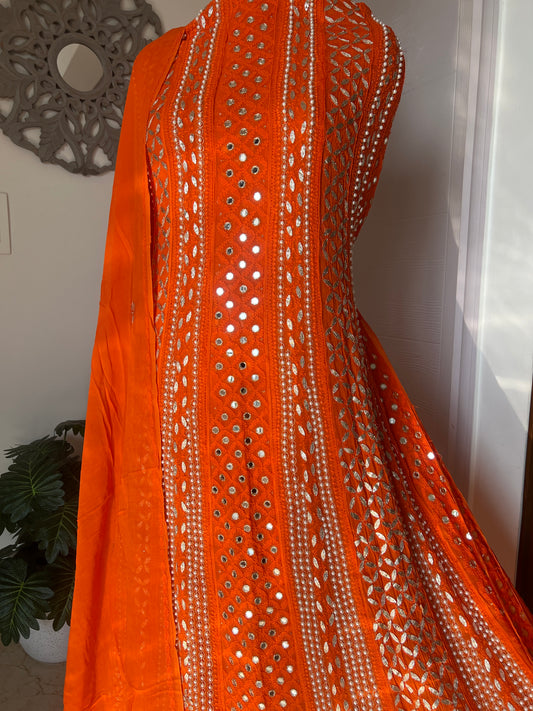 Orange Chikankari pearl mirror and Gota Anarkali