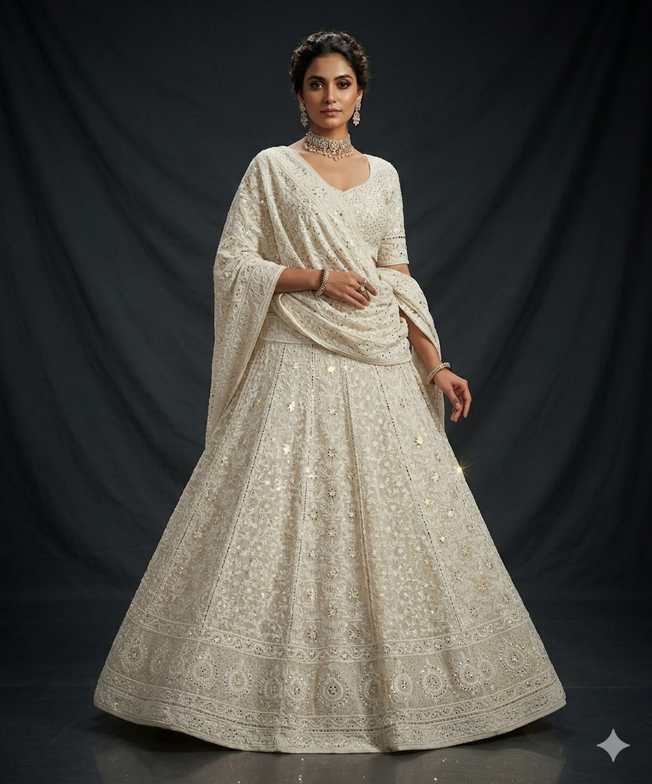 Ruhani fine Chikankari and intricate Mukaish Lehenga Set