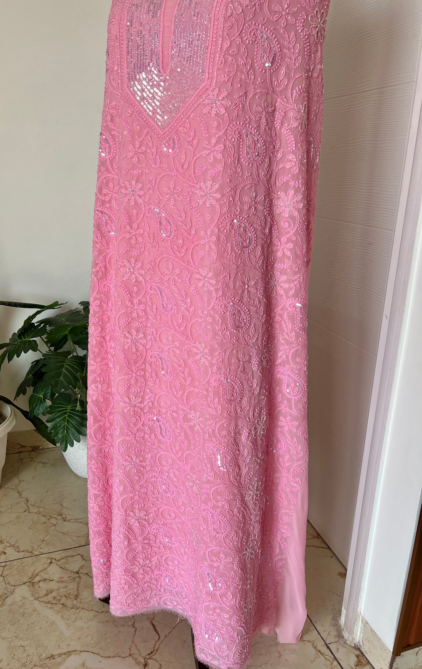 Pink Chikankari cut dana sequins work kurta and dupatta
