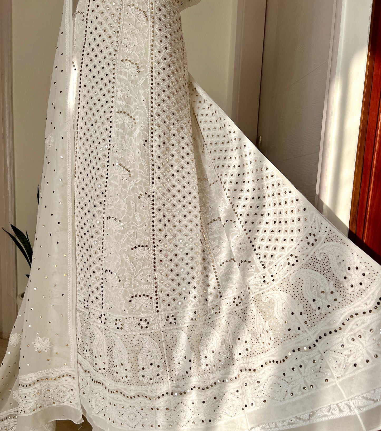 White allover Chikankari and mukaish anarkali with dupatta