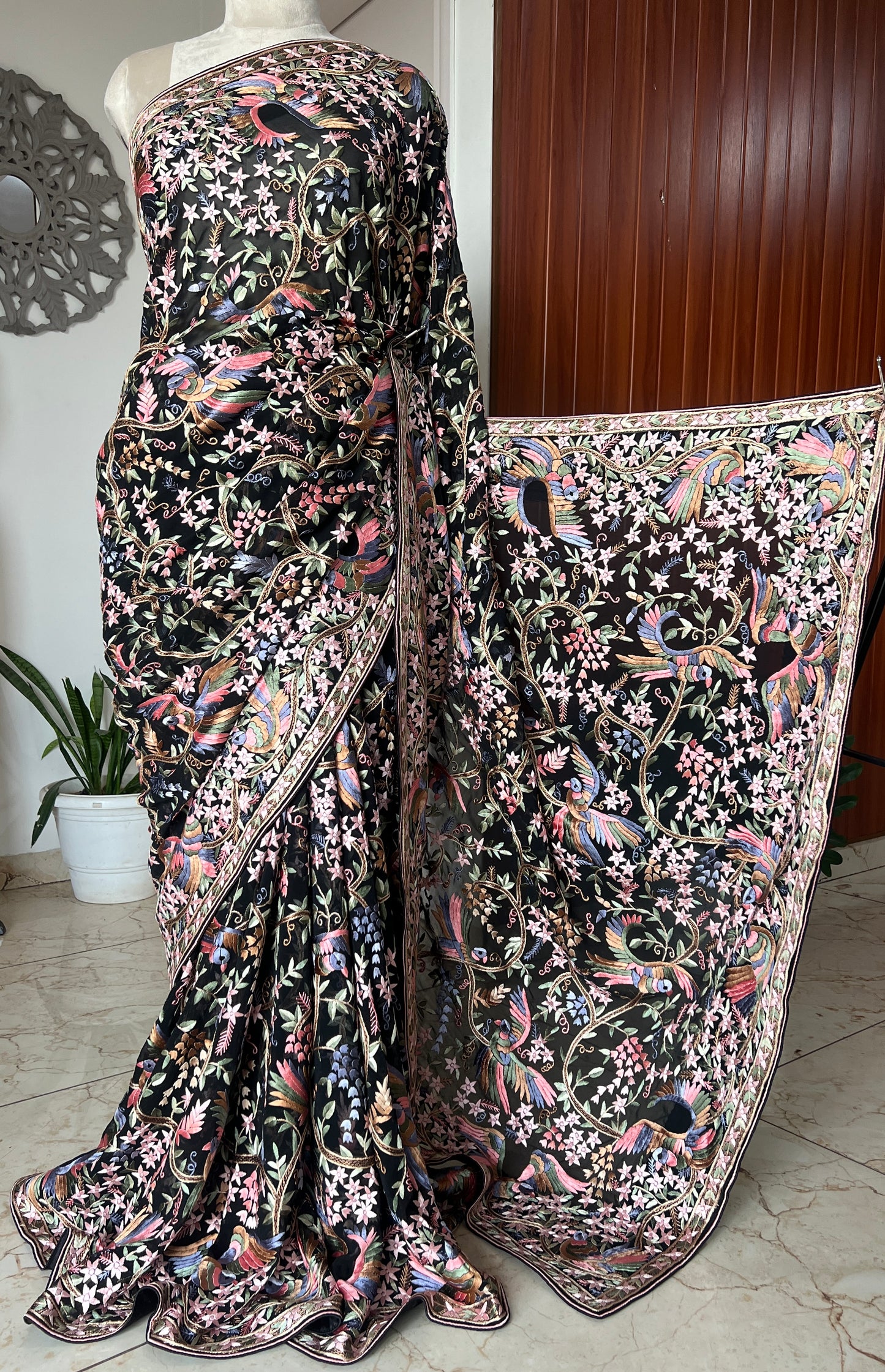 Black Masterpiece Parsi Gara Pure Georgette Saree