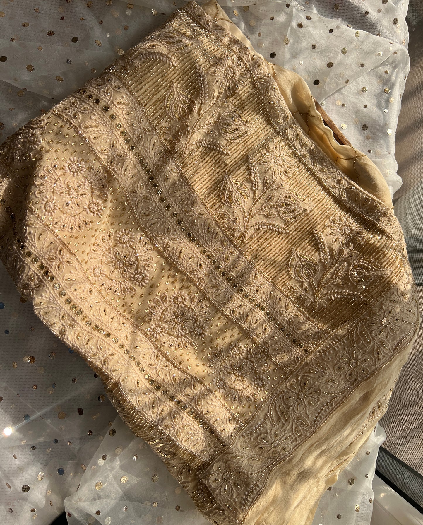 Ruhani Golden Chikankari Cut Dana and sequins Saree