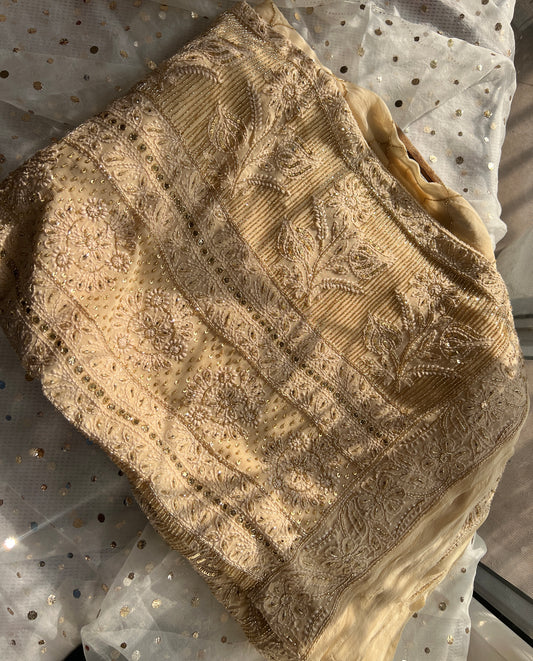 Ruhani Golden Chikankari Cut Dana and sequins Saree
