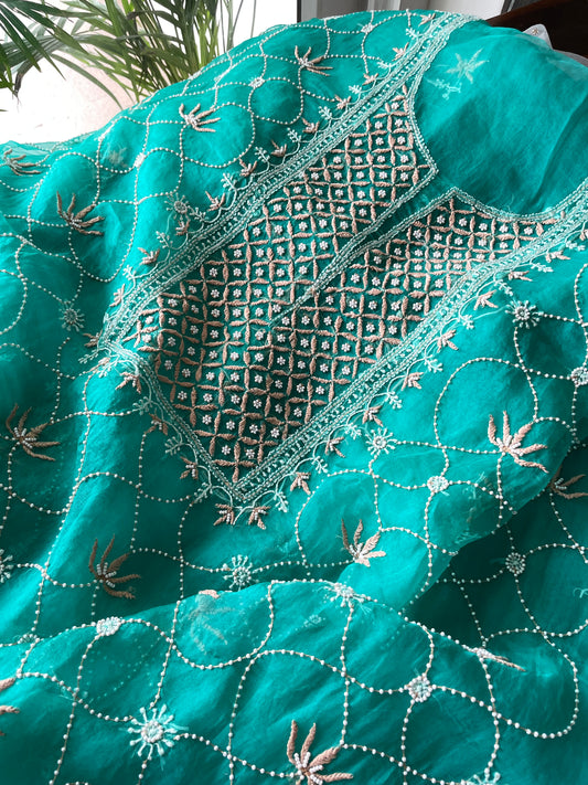 Turquoise green Chikankari pearl cut Dana pure Organza kurta with dupatta