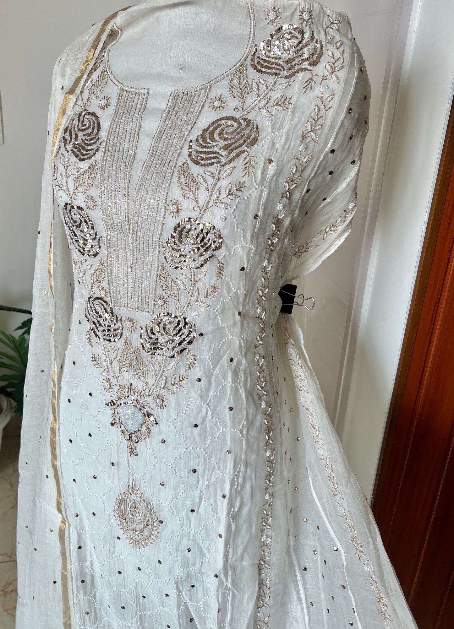 Mul Chanderi Anarkali with Mukaish and pearl work