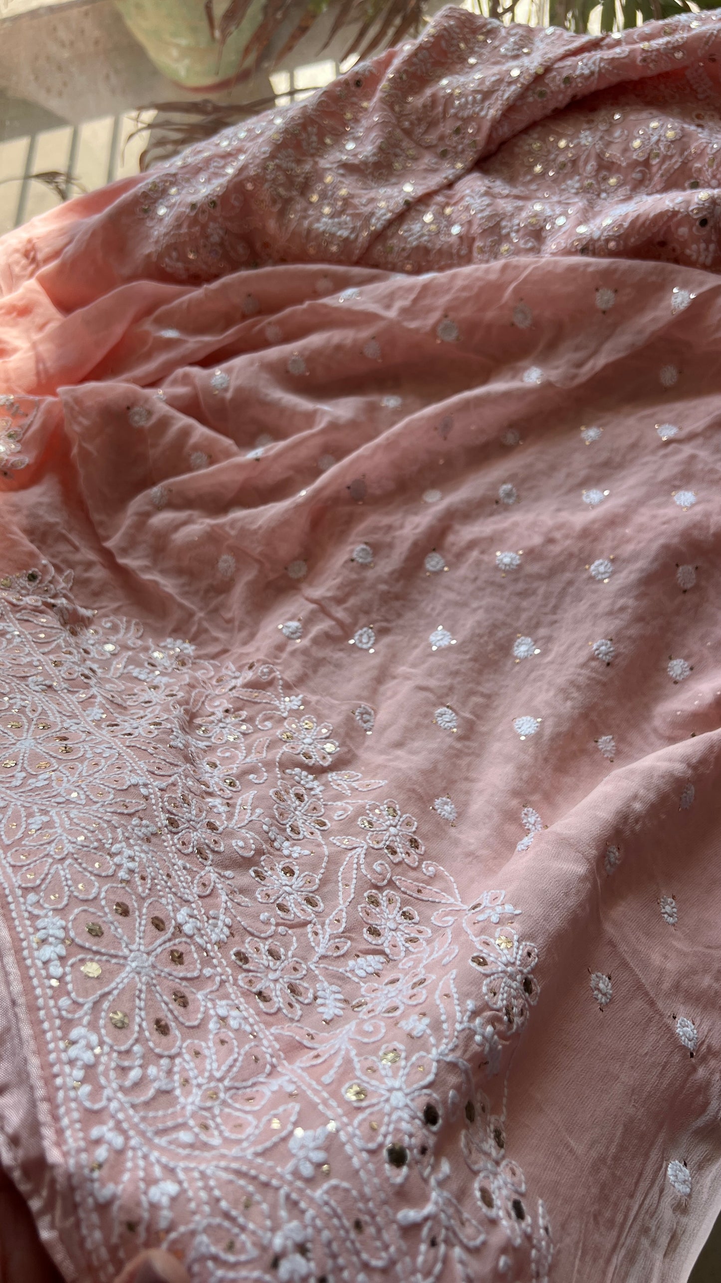 Ruhani Peachish Pink Allover Fine Chikankari and Mukaish Saree