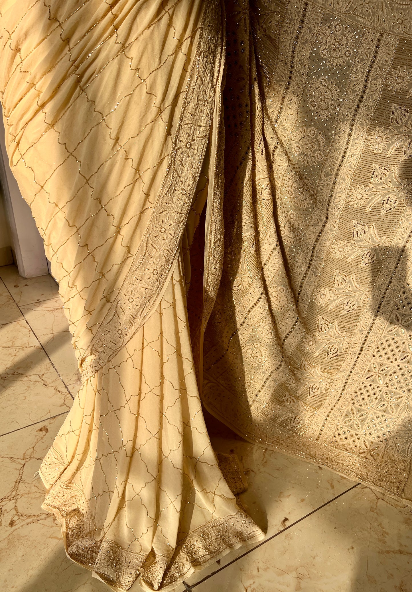 Ruhani Golden Chikankari Cut Dana and sequins Saree