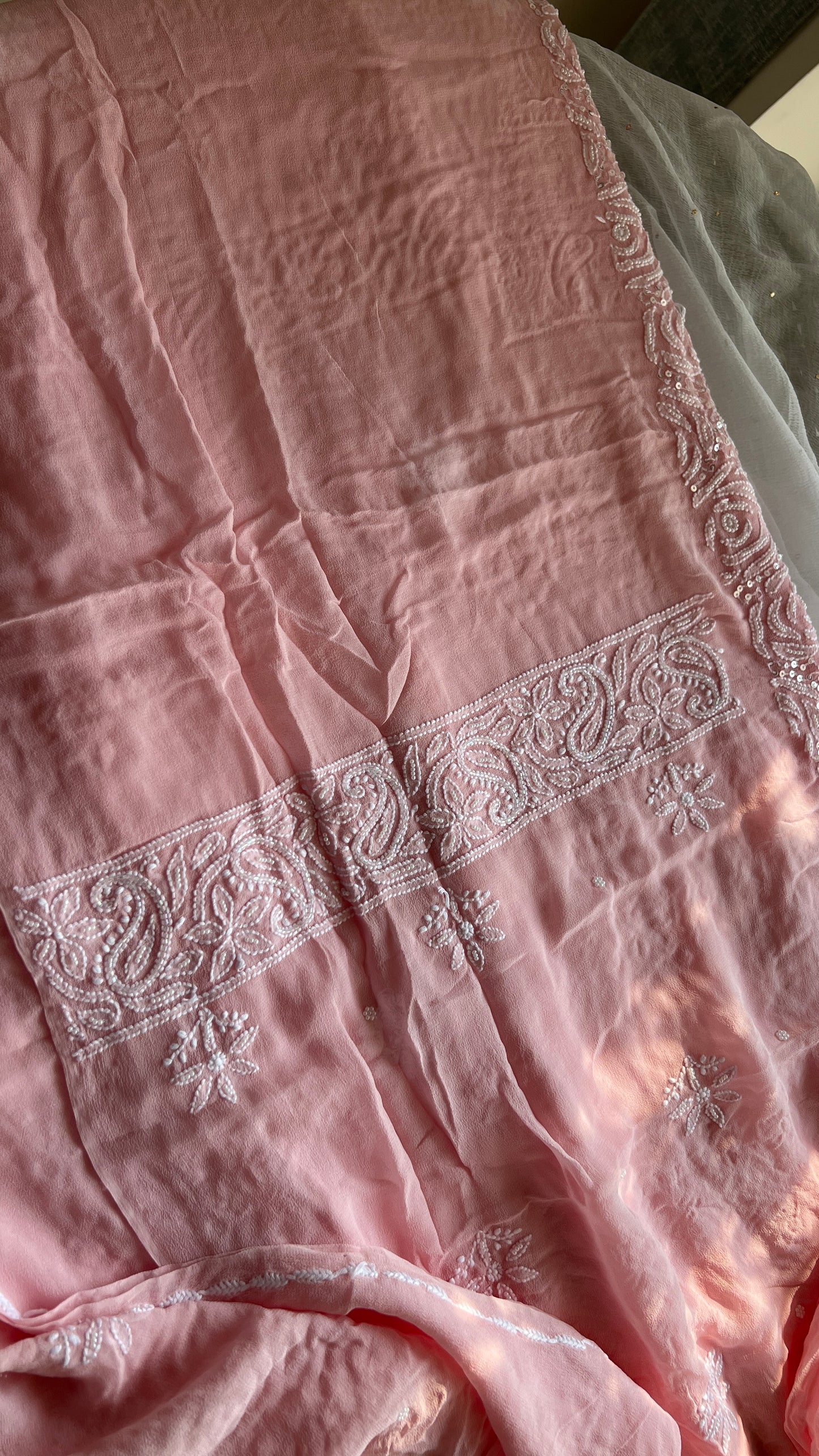 Blush pink fine Chikankari Pearl and sequins Embroidered Kurta and Dupatta