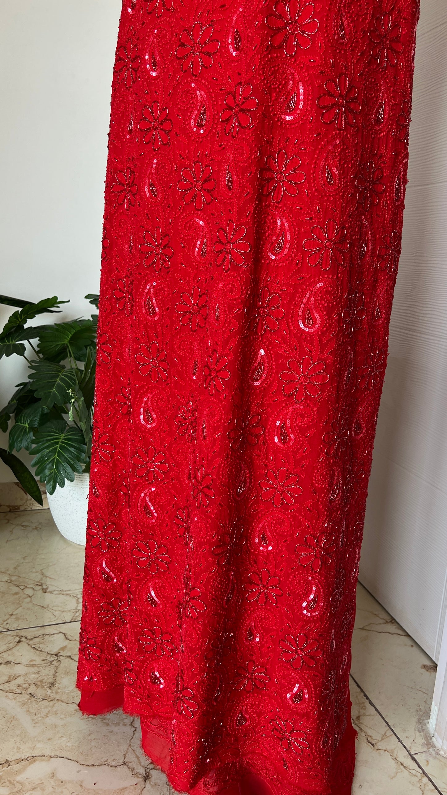 Red Chikankari cut dana sequins work kurta and dupatta
