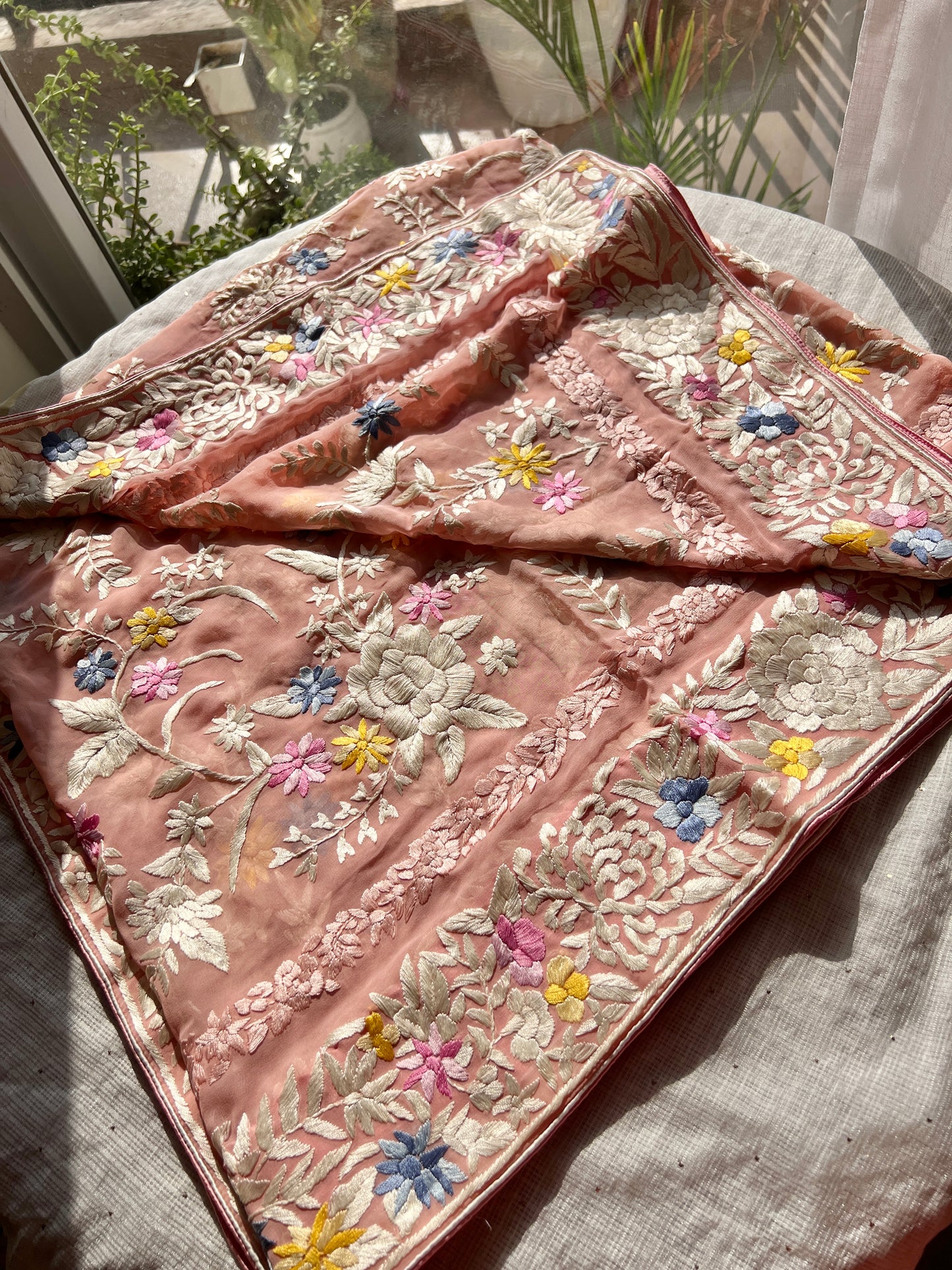 Blush Peach masterpiece Parsi Gara Dupatta Hand Embroidered