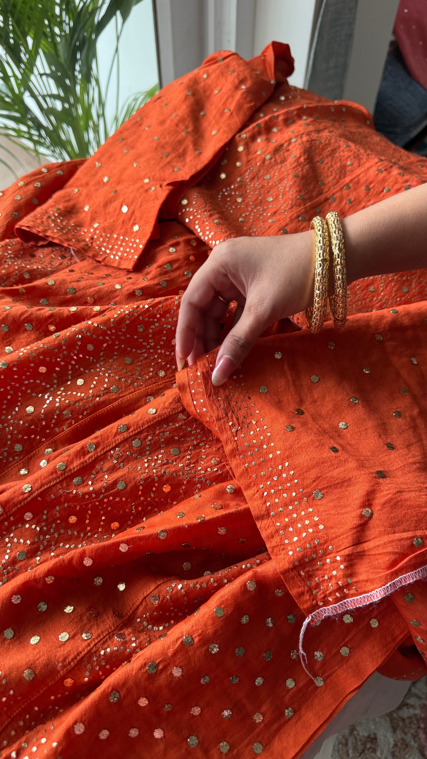 Rust Orange Allover Heavy Mukaish Chanderi Silk Anarkali with Dupatta