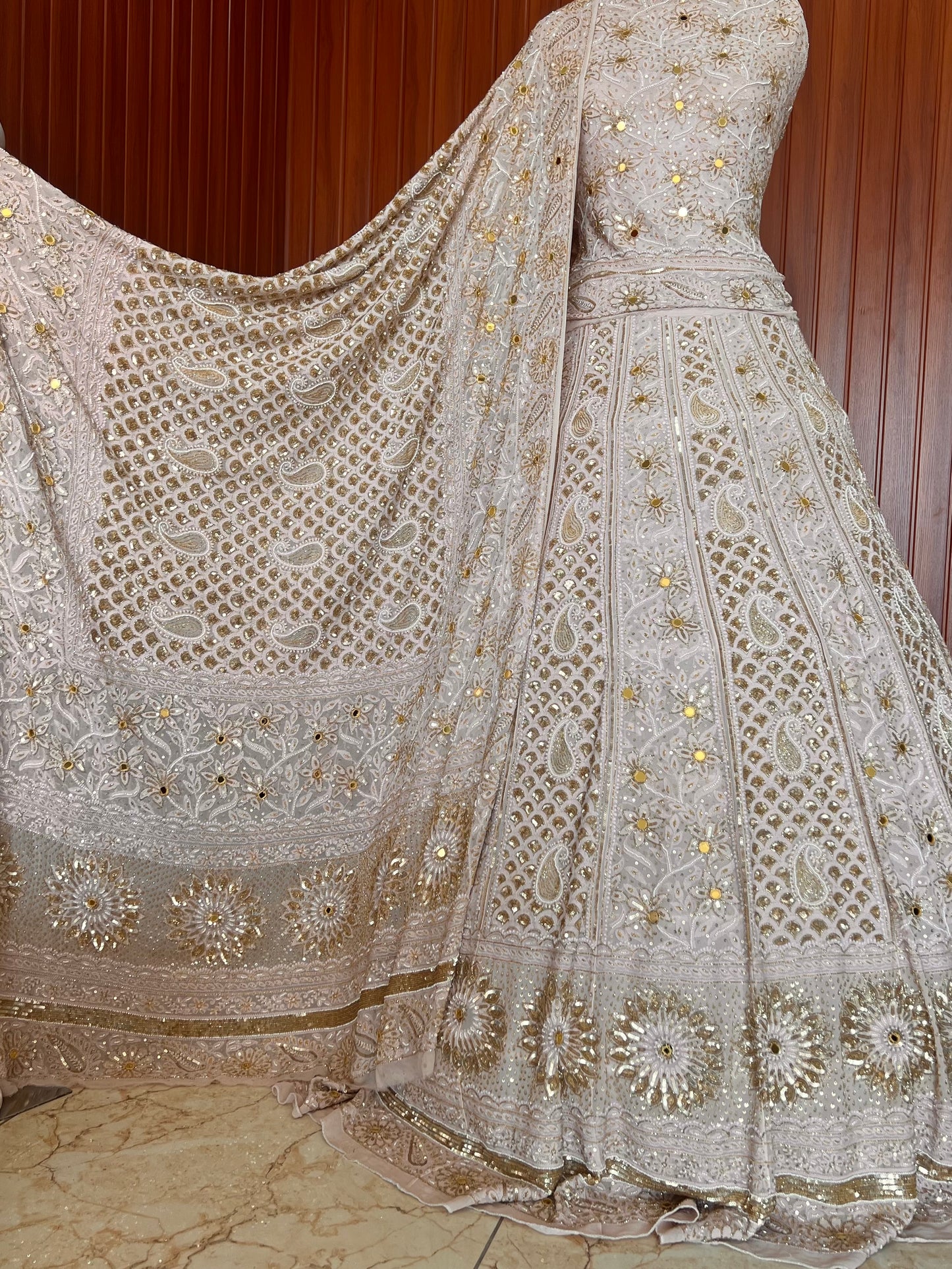 Masterpiece Ruhani Chikankari Sequins Cut Dana Pearl Wedding Lehenga