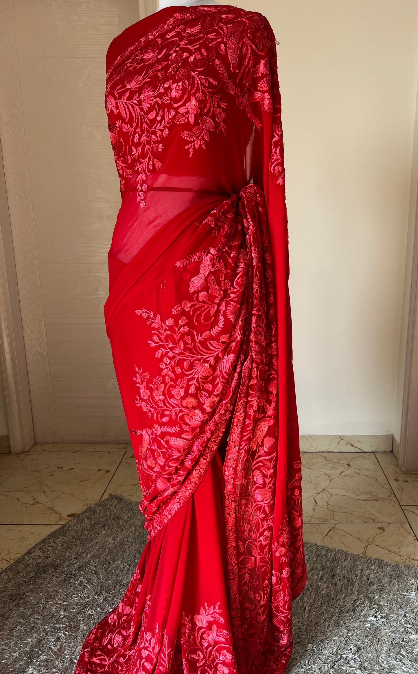 Roja Red pure georgette saree with parsi gara hand embroidery