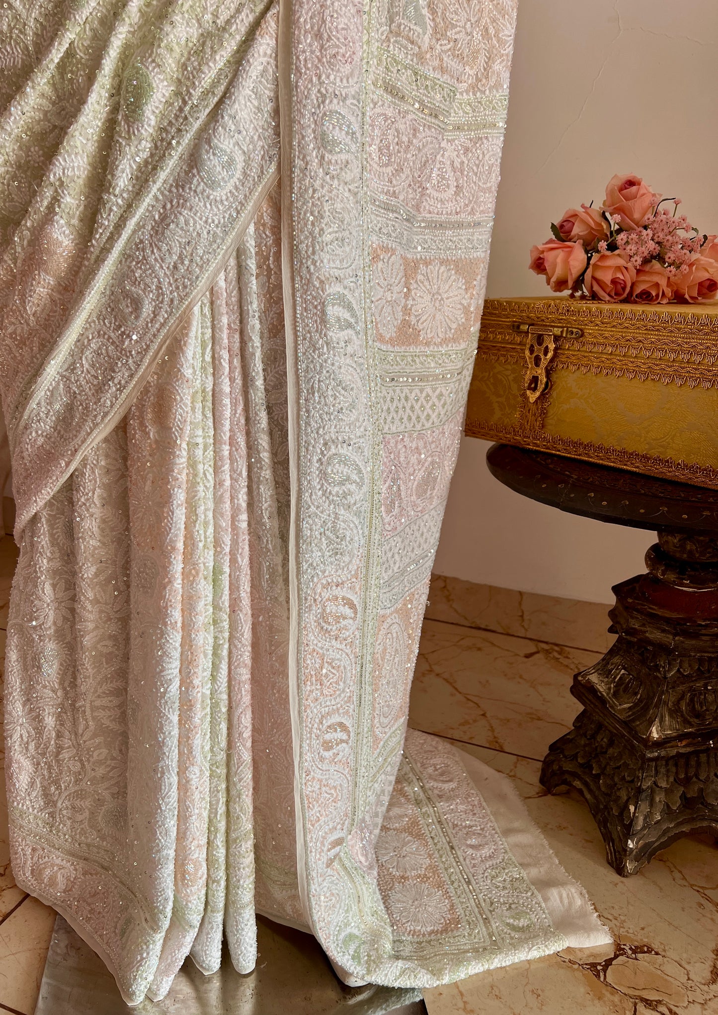 Ruhani Ivory Chikankari Multi Cut Dana and Sequins Saree