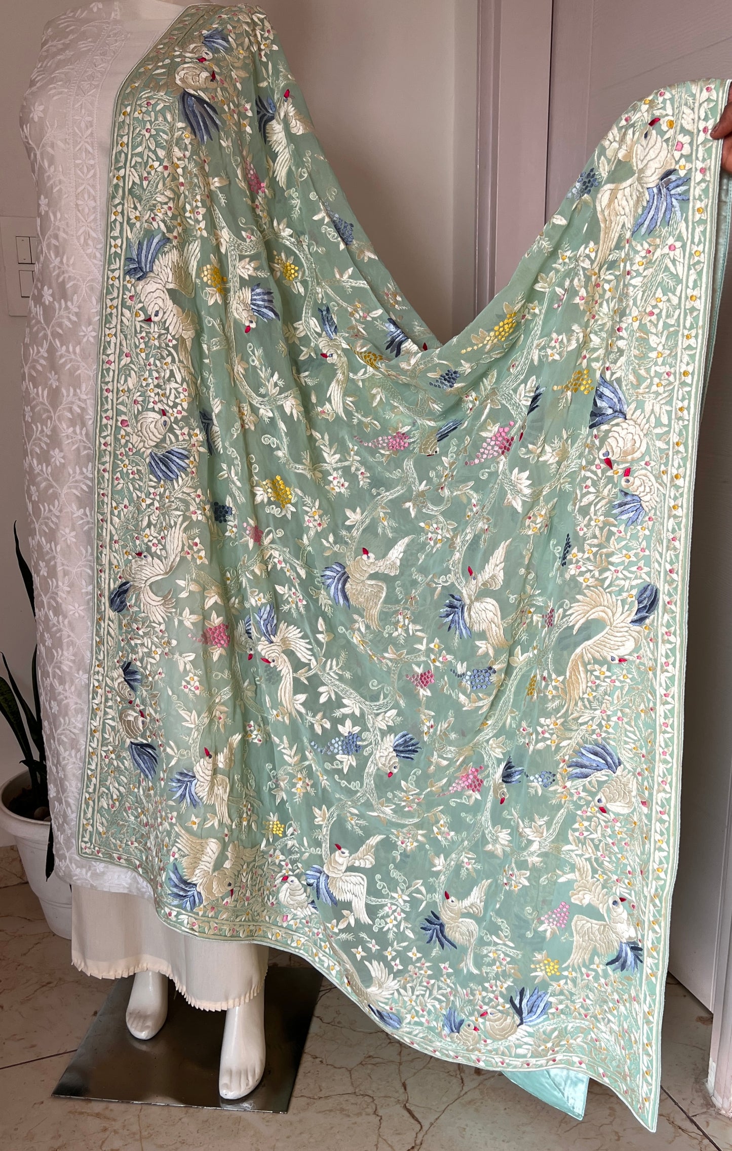Mint green masterpiece Parsi Gara Dupatta Hand Embroidered