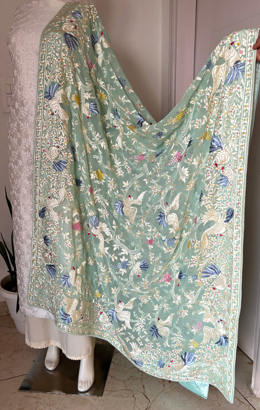 Mint green masterpiece Parsi Gara Dupatta Hand Embroidered