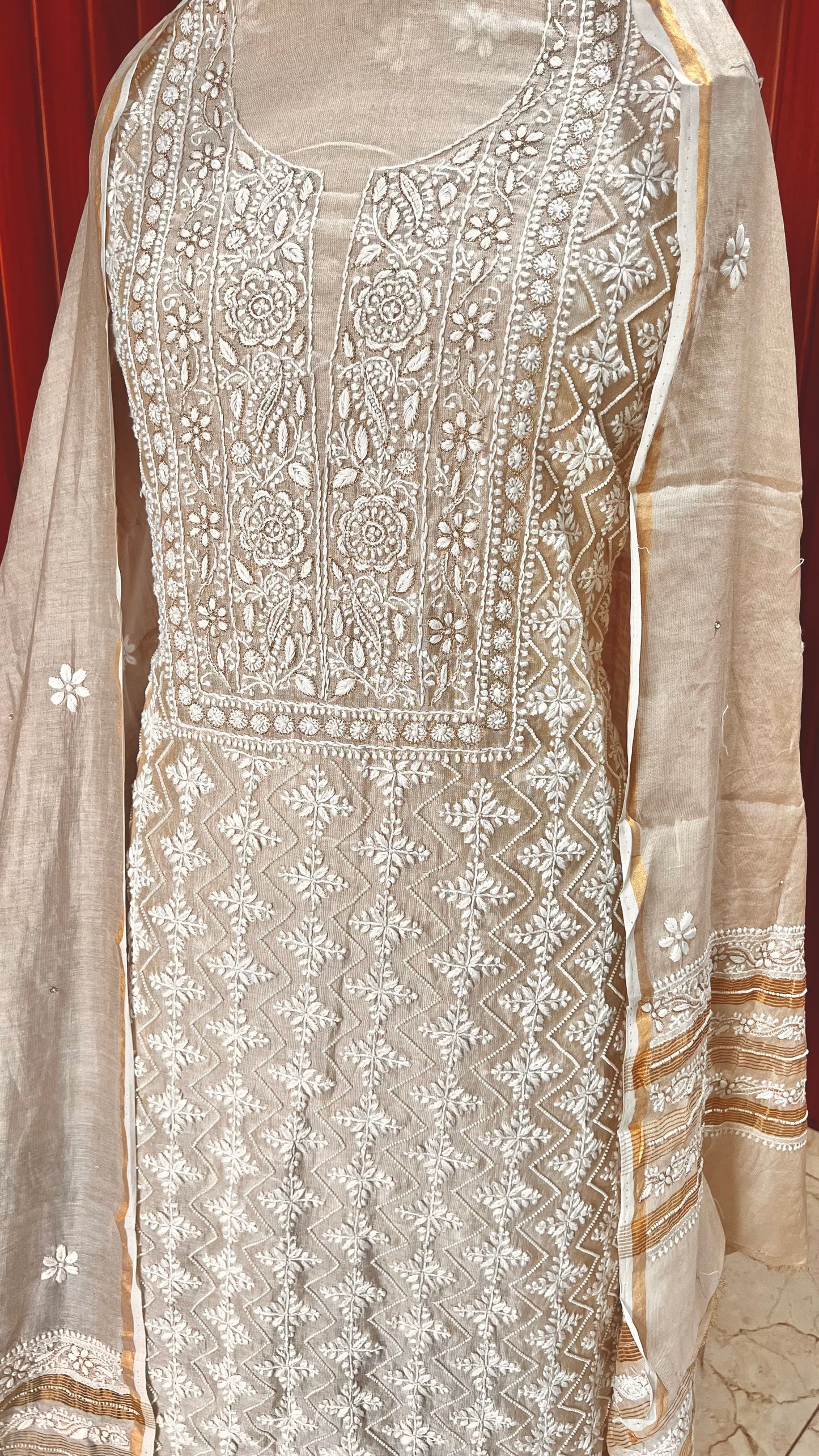 Tissue chanderi silk Chikankari and pearl embroidered kurta and dupatta