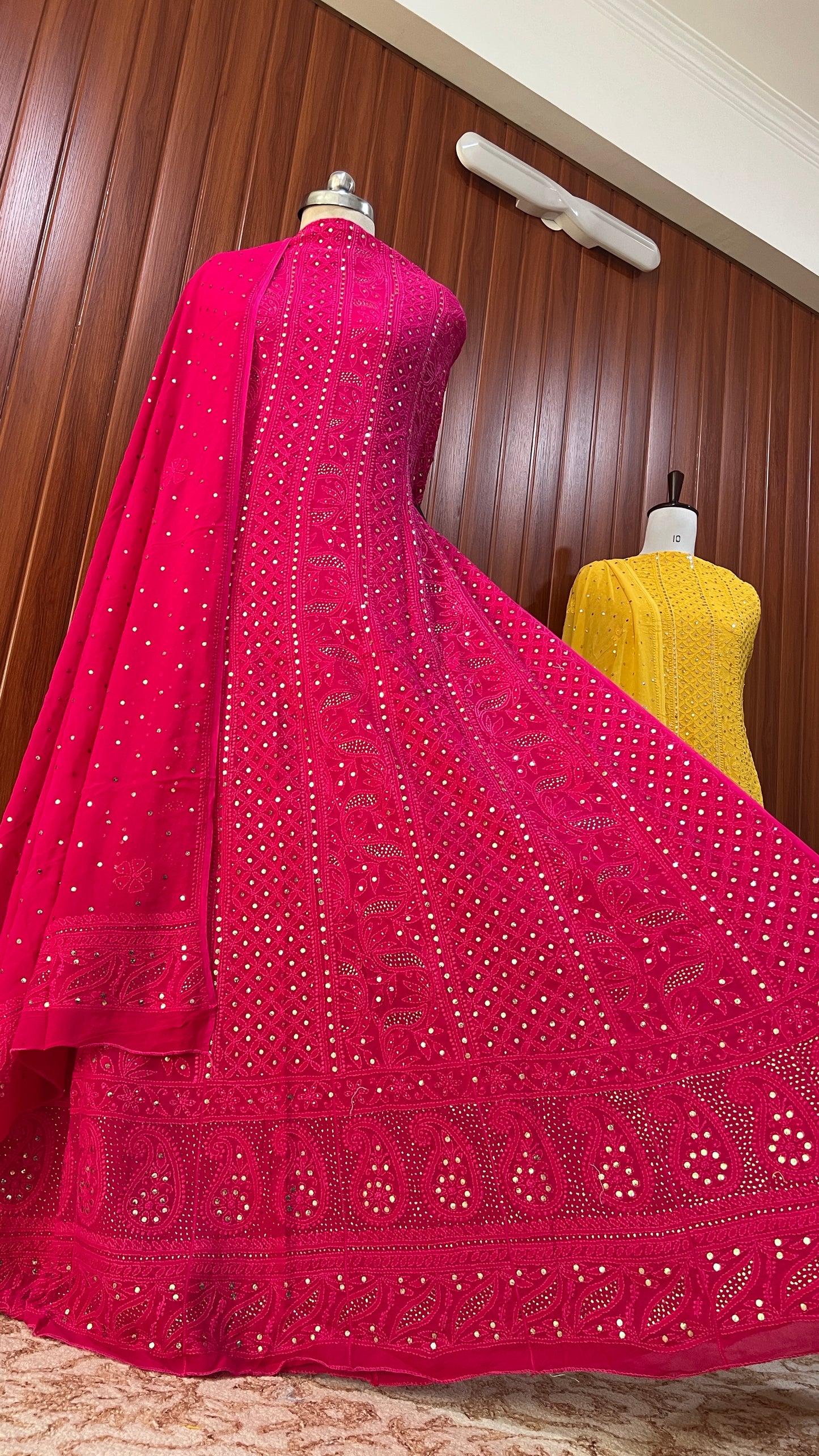 Hot Pink allover Chikankari and mukaish anarkali with dupatta