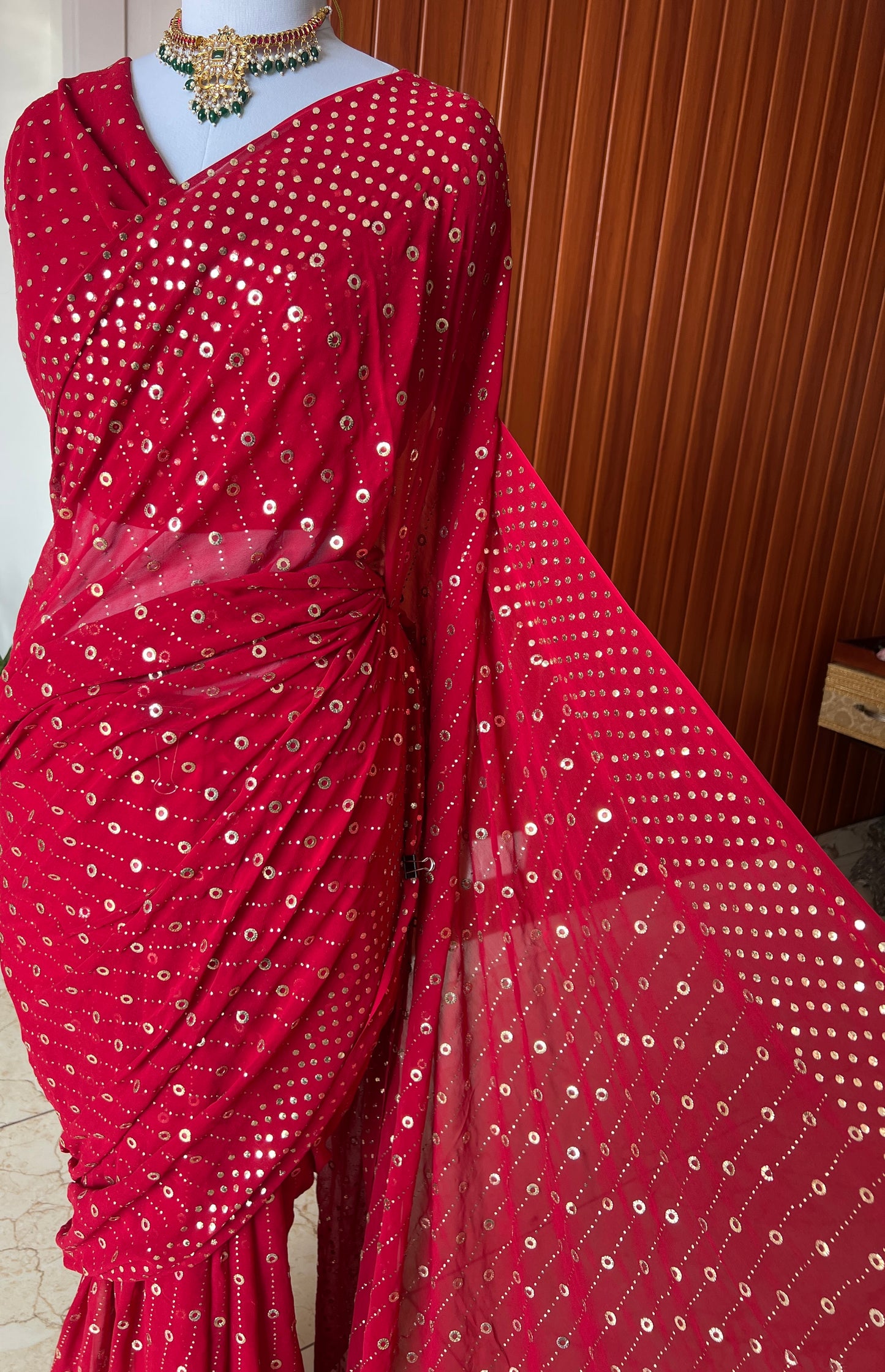 Ruhani Crimson Red Allover Mukaish Pure Georgette Saree