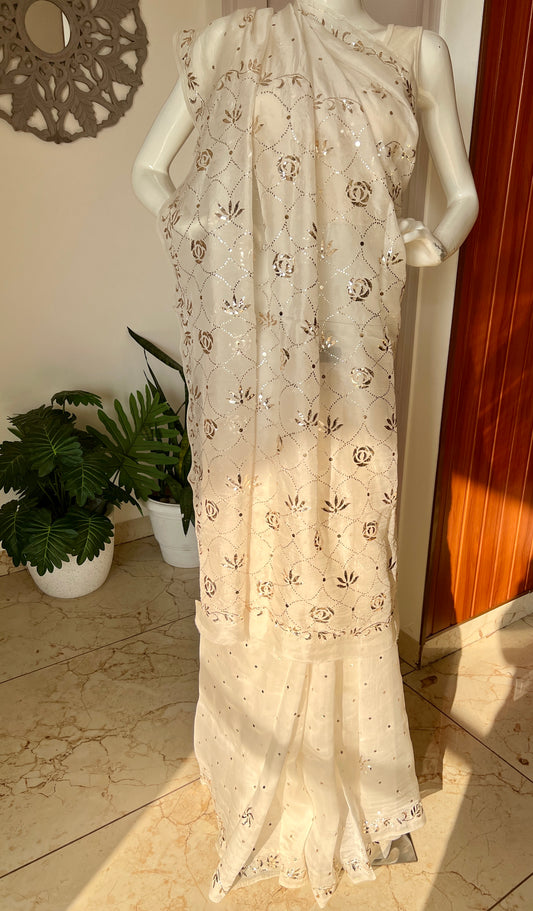 Ivory Pure Organza Saree with Badla and Mukaish Work