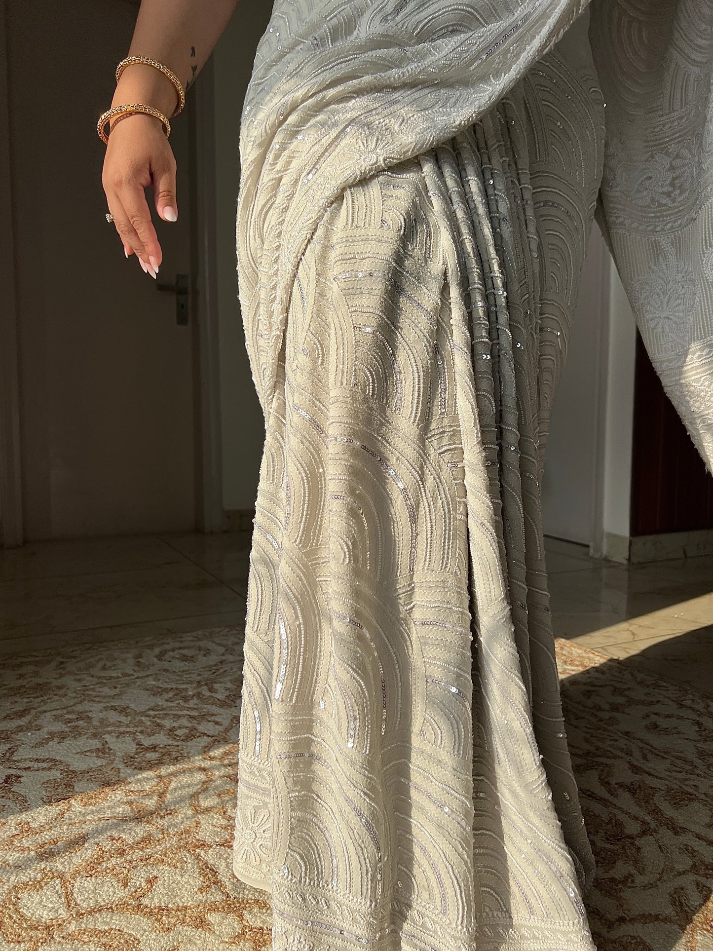 Ruhani Ice Mint Chikankari Pearl Cut Dana and Sequins Saree