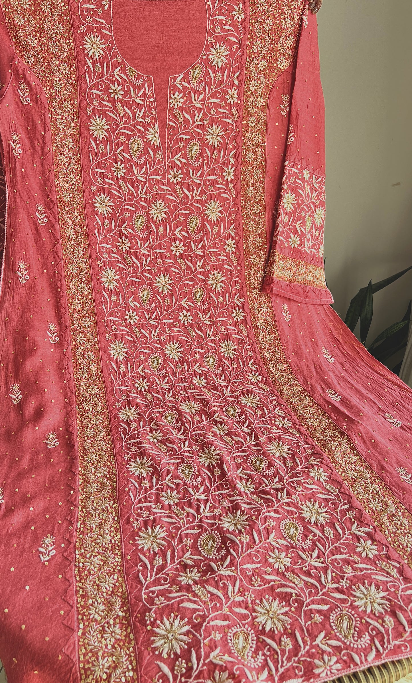 Moonga Silk Chikankari golden cut dana sequins kurta and dupatta