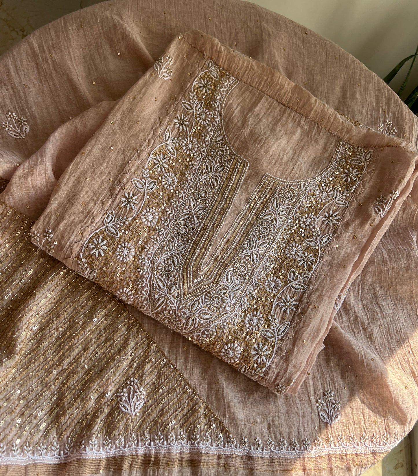 Tissue Silk Chikankari golden cut dana sequins kurta and dupatta