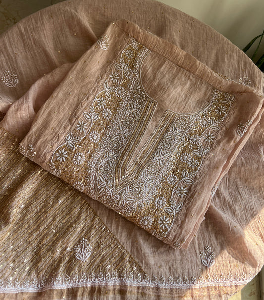 Tissue Silk Chikankari golden cut dana sequins kurta and dupatta