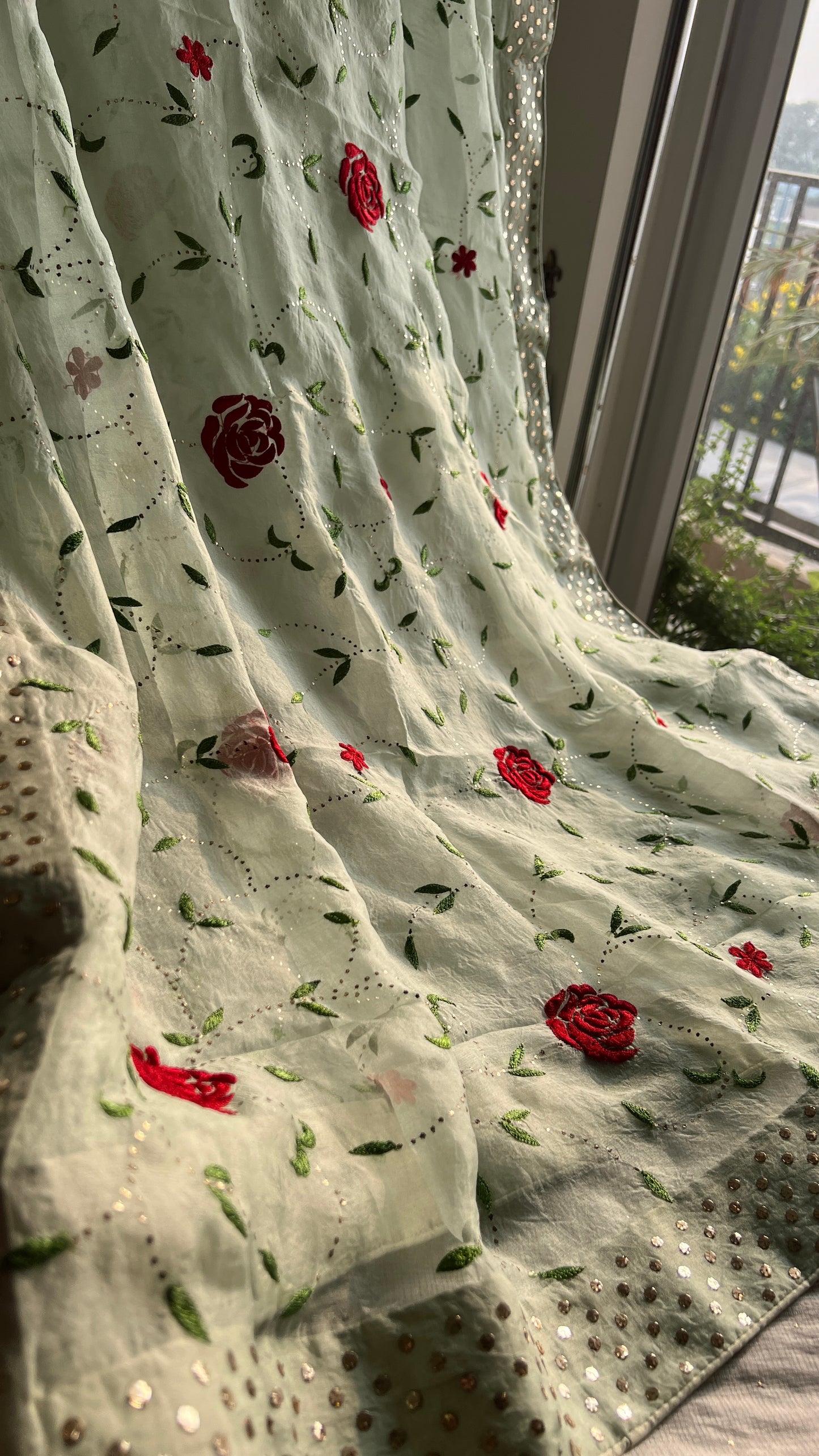 Ruhani Pista green Pure Organza Saree with Resham and Mukaish Work