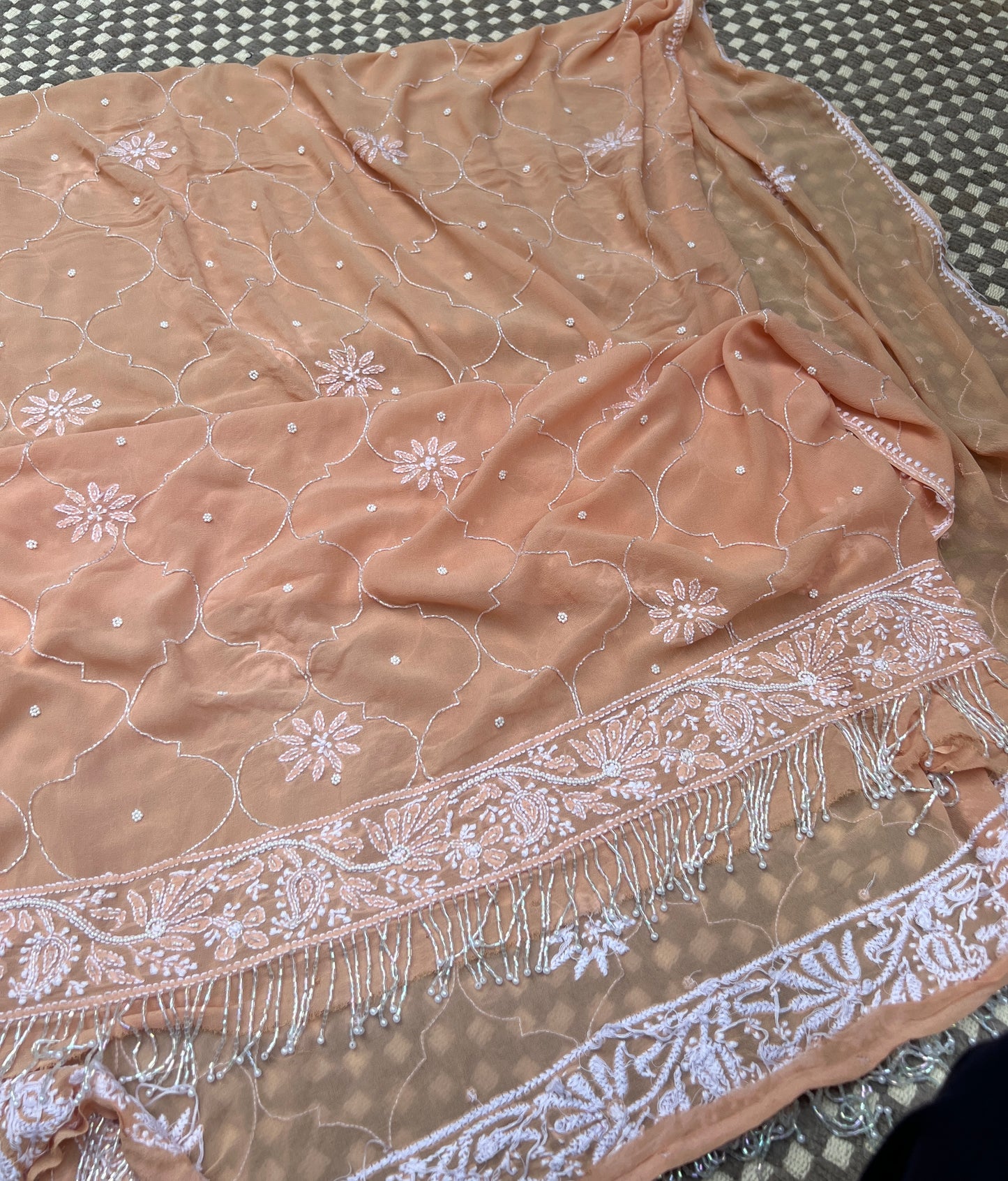 Light Orange Chikankari cut dana pearl sequins work kurta and dupatta