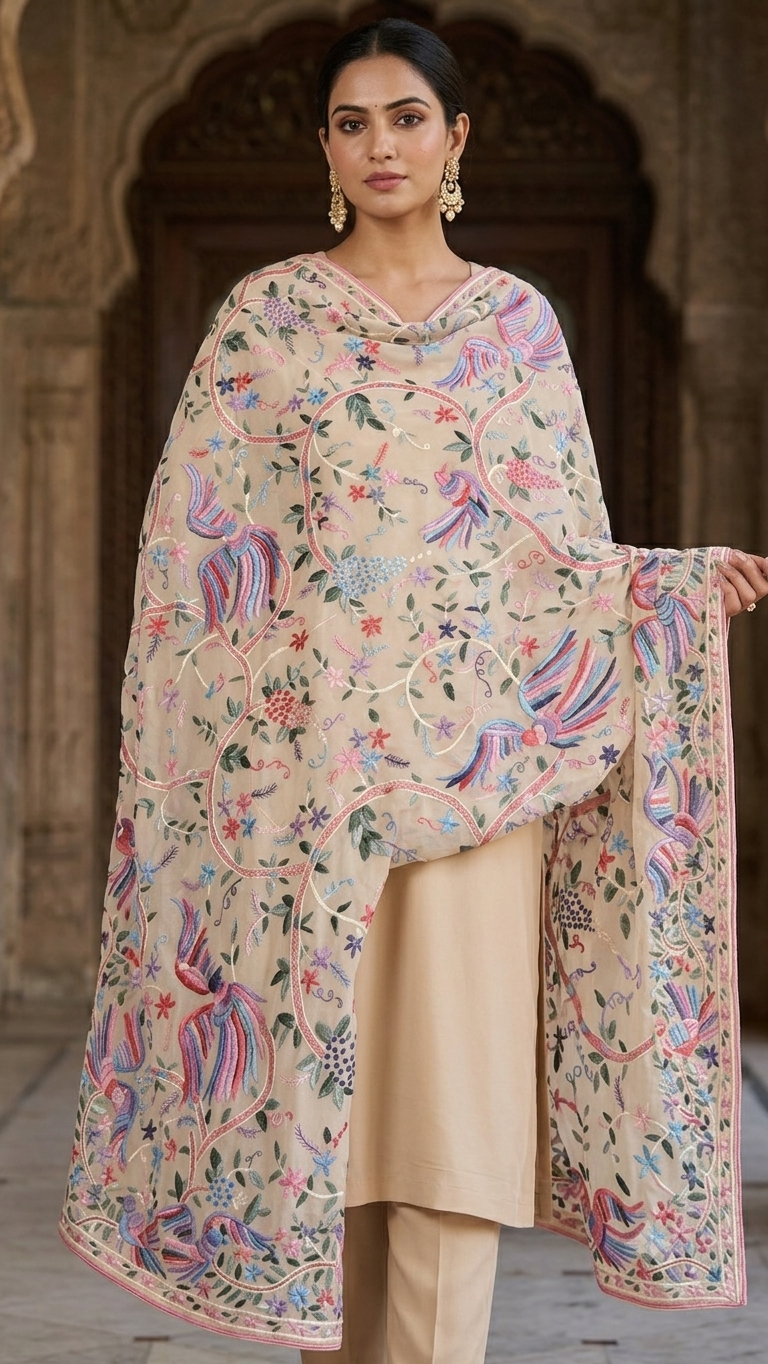 Beige Parsi Gara Hand Embroidered Dupatta