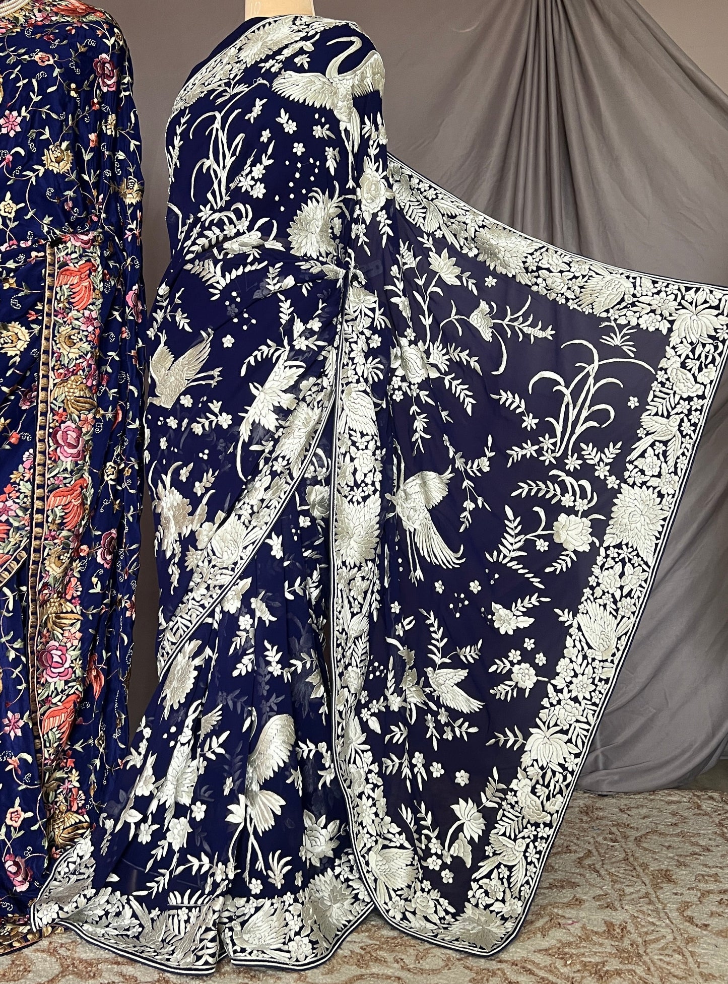 Navy Blue Masterpiece Parsi Gara Pure Georgette Saree