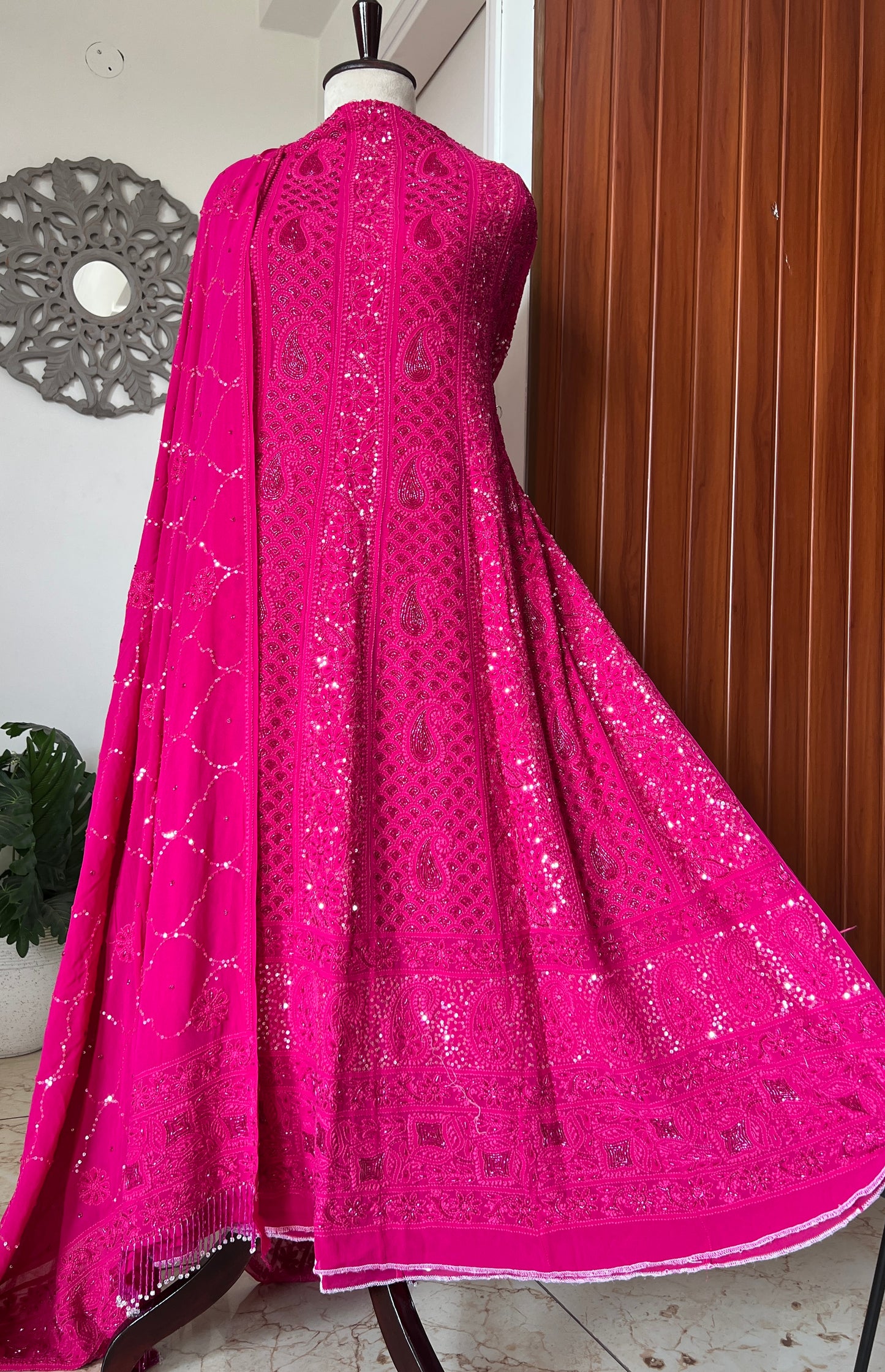 Ruhani Fuchsia Pink Chikankari sequins cut Dana Anarkali