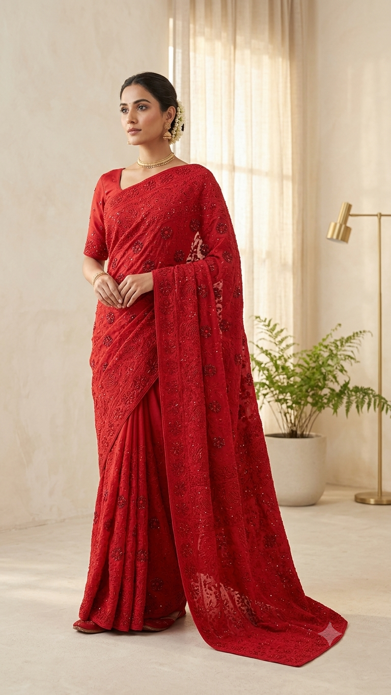 Red Masterpiece Chikankari Cut Dana Sequins Saree