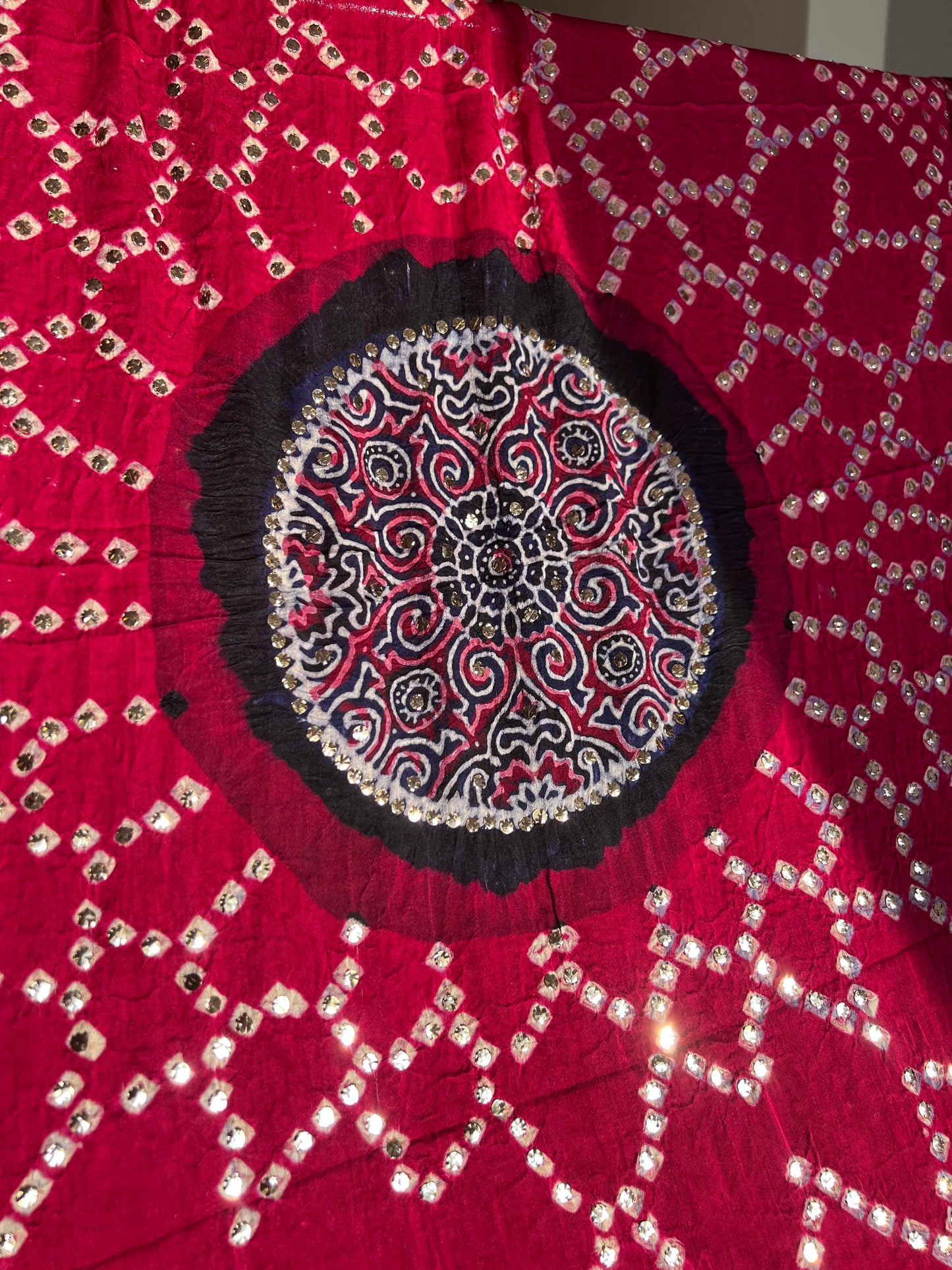 Blue & Magenta modal silk ajrakh and bandhej dupatta with heavy mukaish
