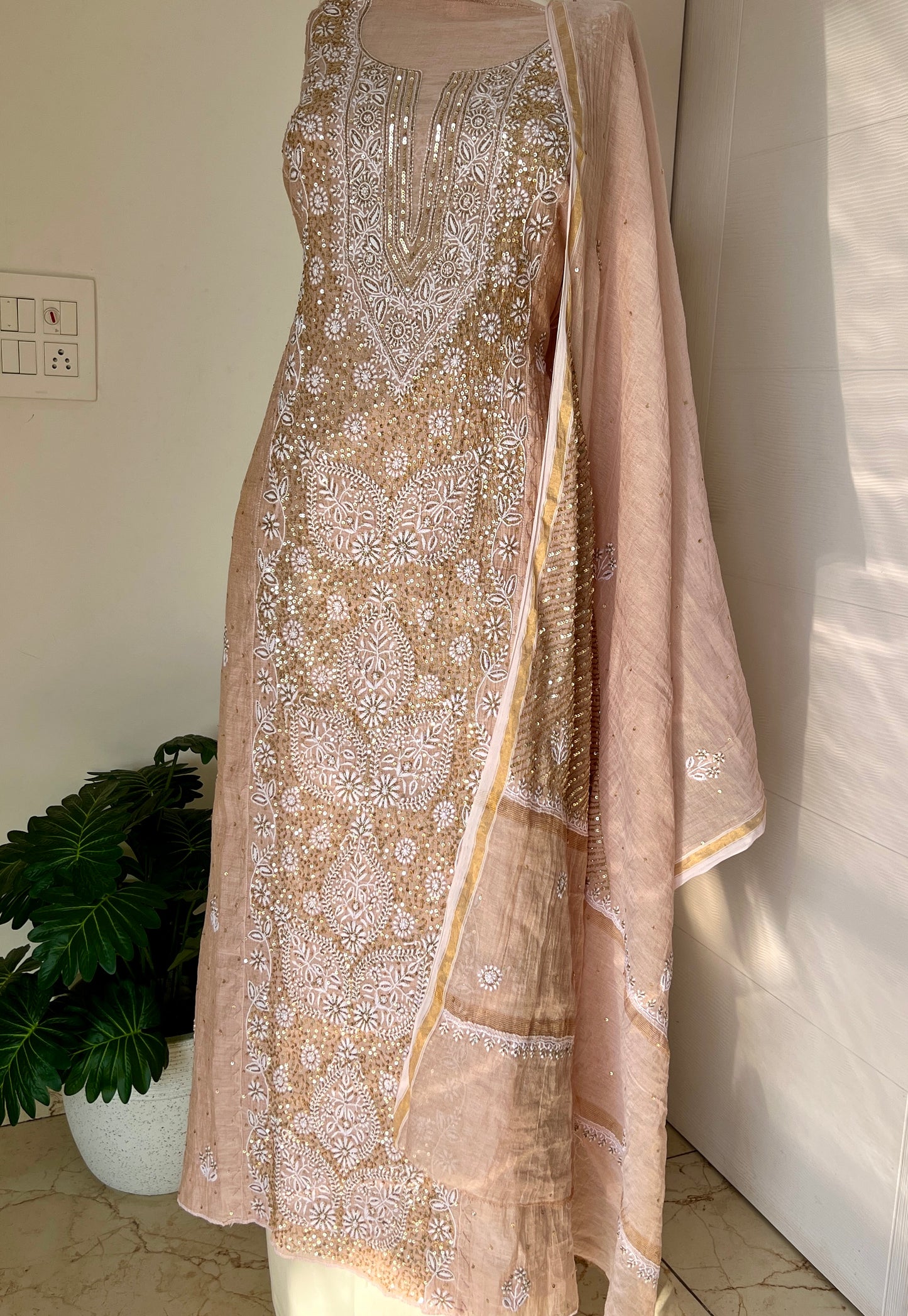 Tissue Silk Chikankari golden cut dana sequins kurta and dupatta