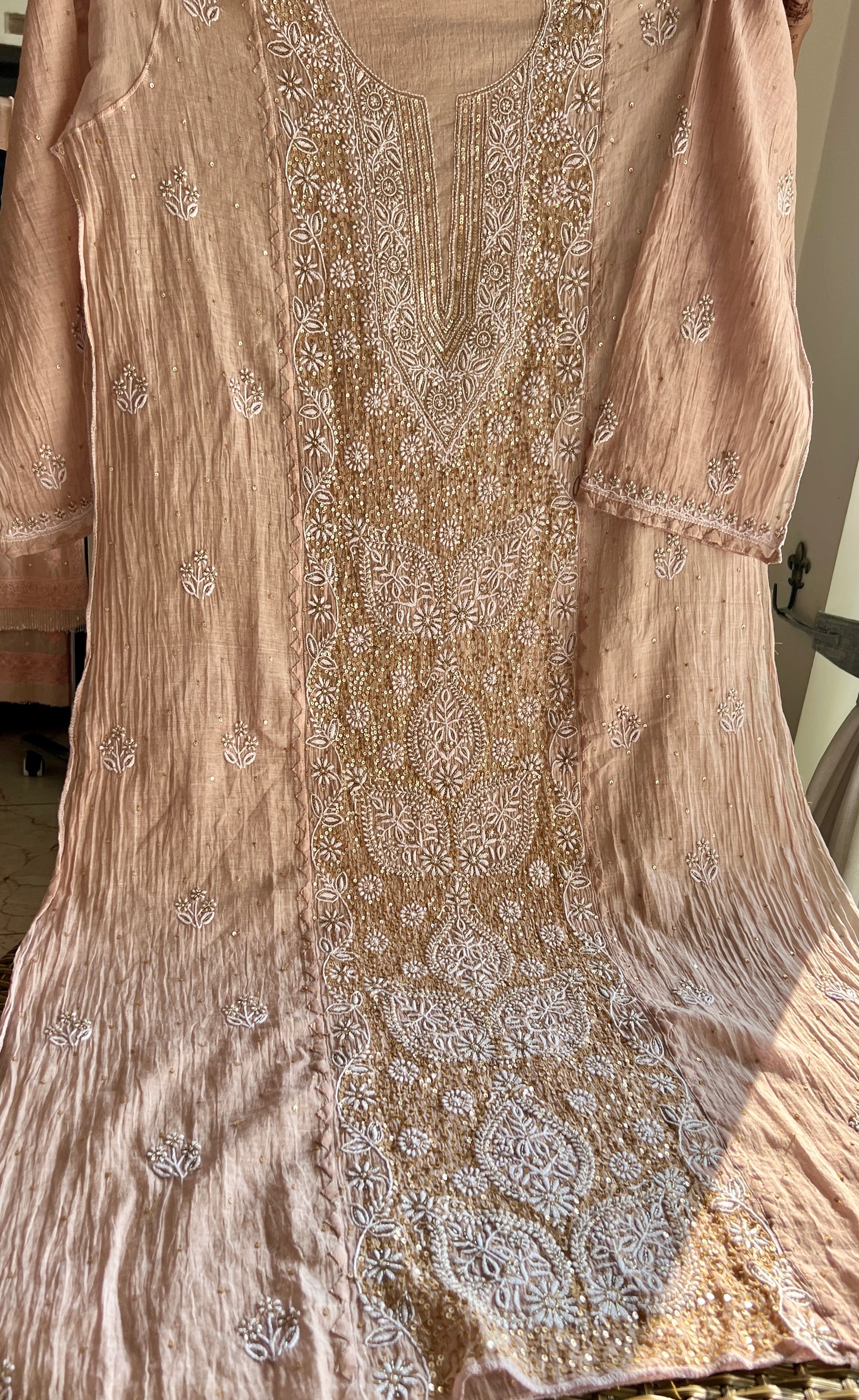 Tissue Silk Chikankari golden cut dana sequins kurta and dupatta