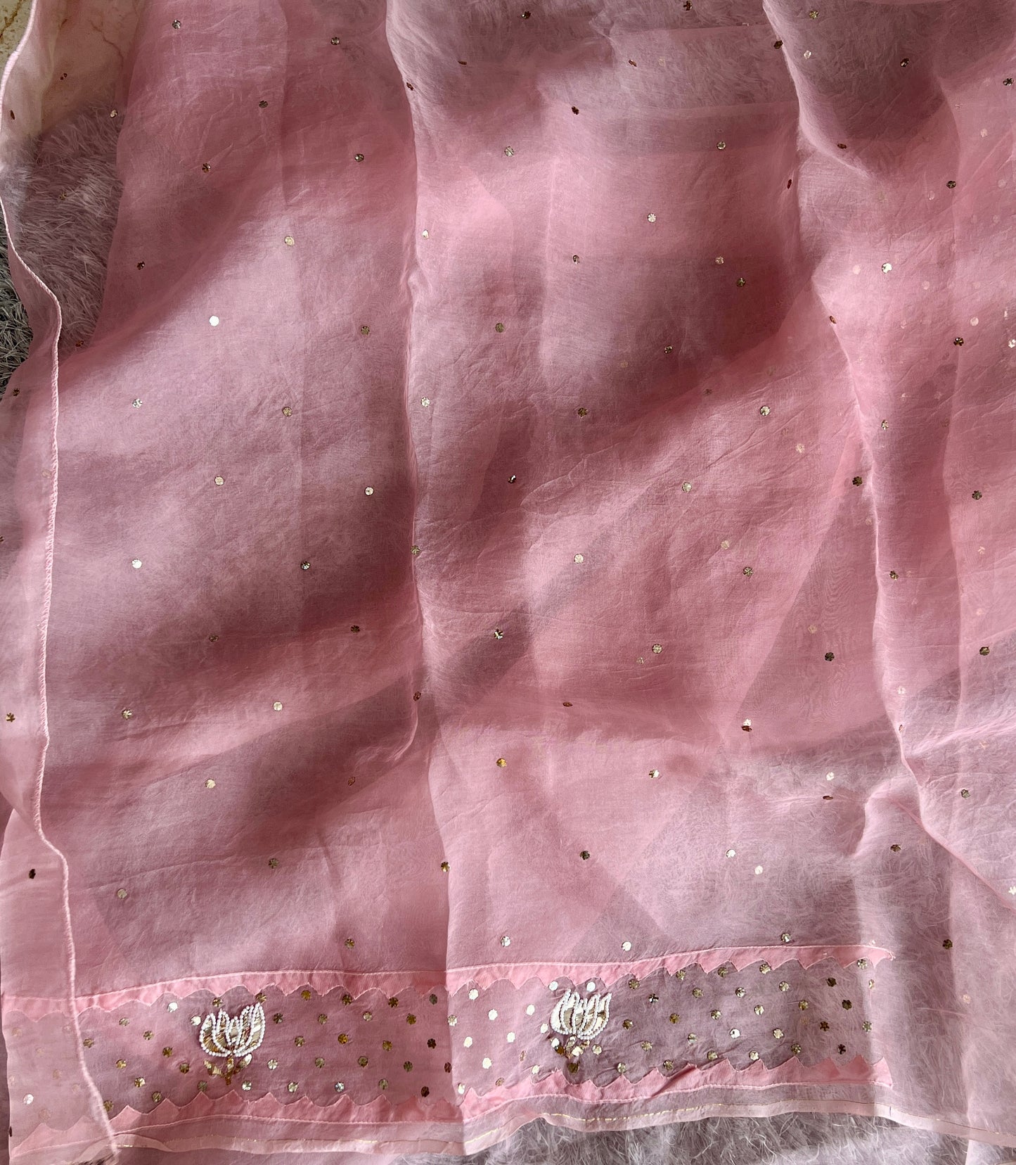 Ruhani pink Pure Organza Saree with pearl and Mukaish Work