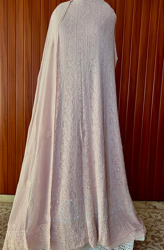 Dusty pink Chikankari and Cut Dana Embroidered Anarkali with Dupatta