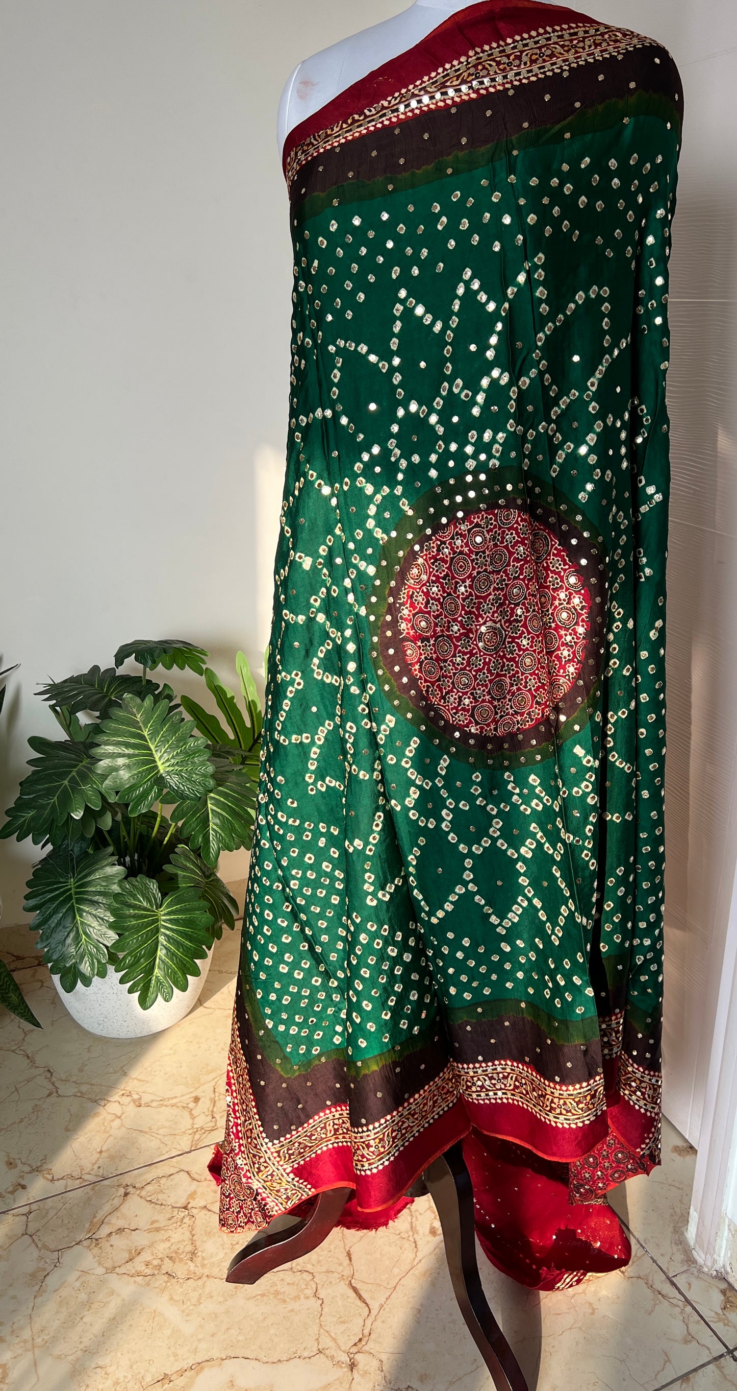 Green modal silk ajrakh and bandhej dupatta with heavy mukaish
