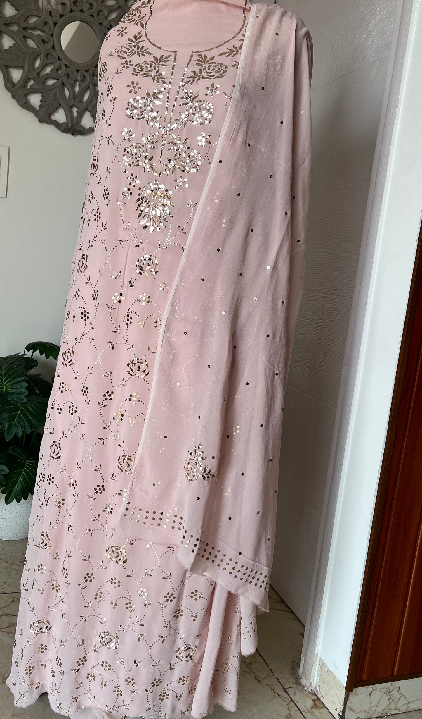 Powder Pink badla and mukaish work Kurta and Dupatta