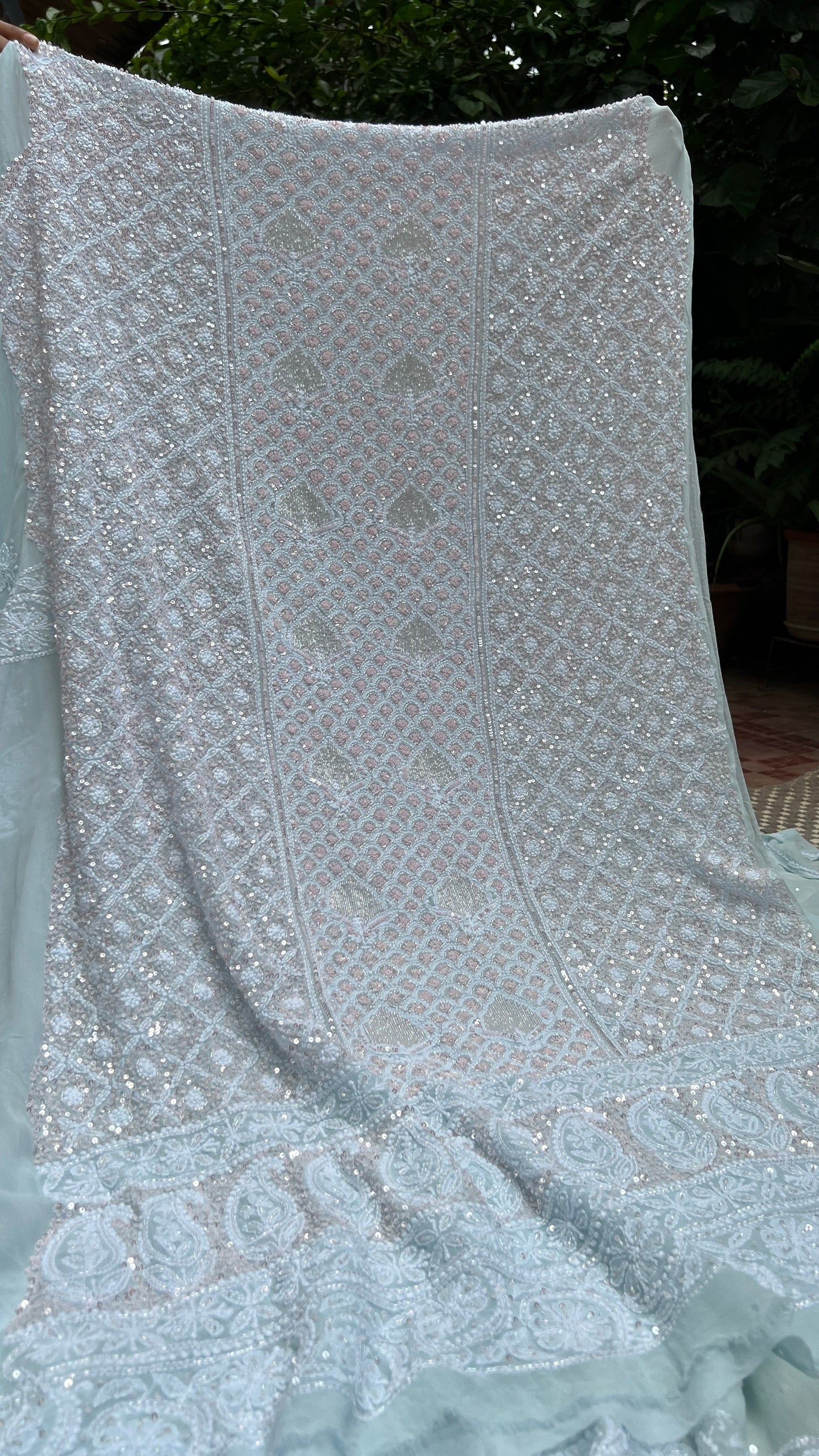 Ruhani Sky Blue with pink cut dana sequins kurta and dupatta