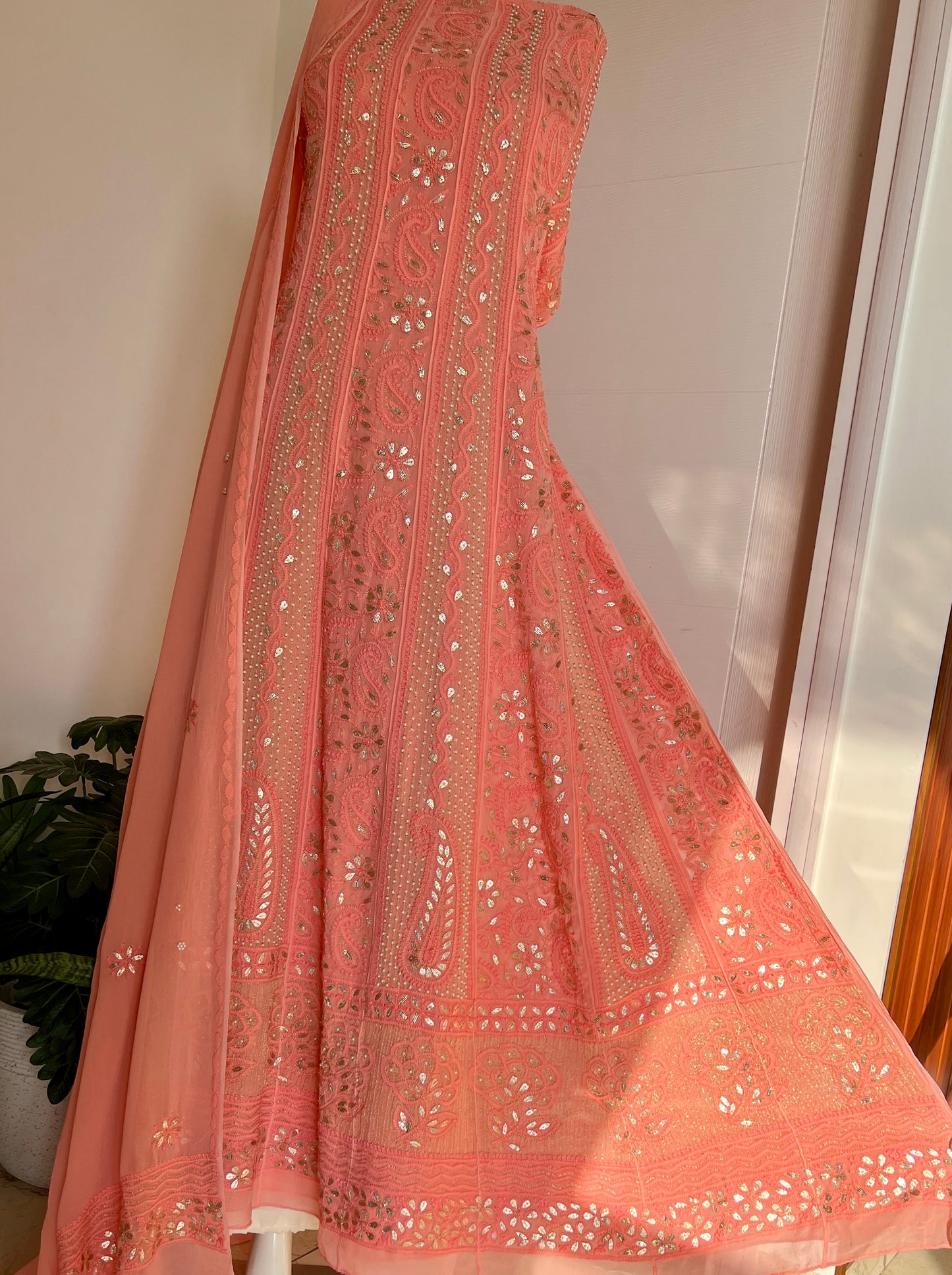 Blush peach Chikankari pearl and Gota Patti Anarkali