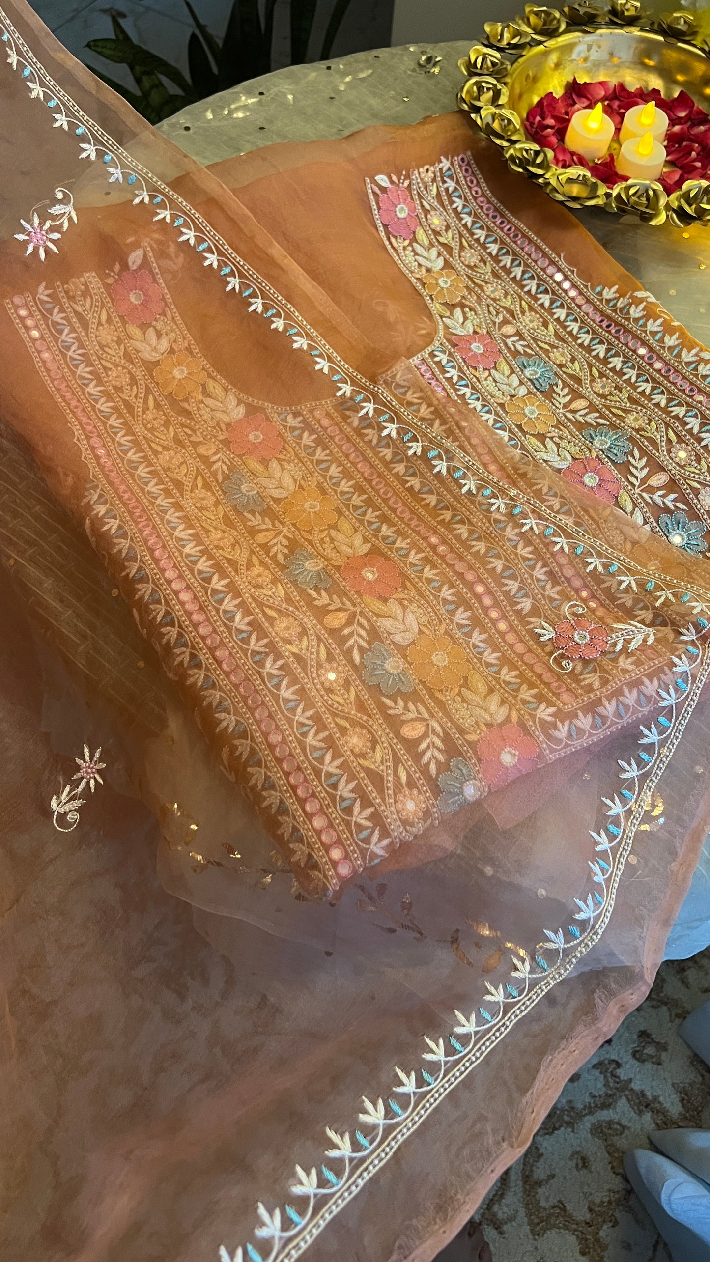 Ruhani Rusty Rose fine Chikankari pure Organza kurta with dupatta