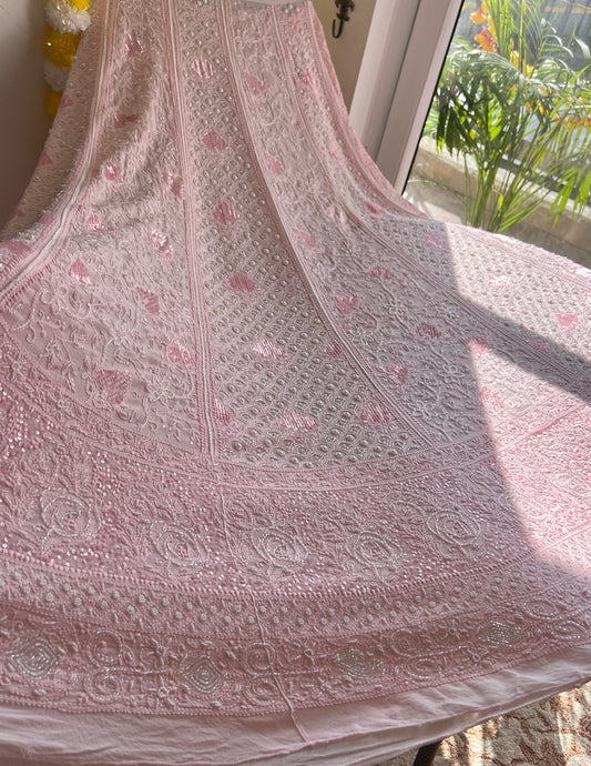 Ruhani Peachish Pink Chikankari Cut Dana Sequins Wedding Lehenga
