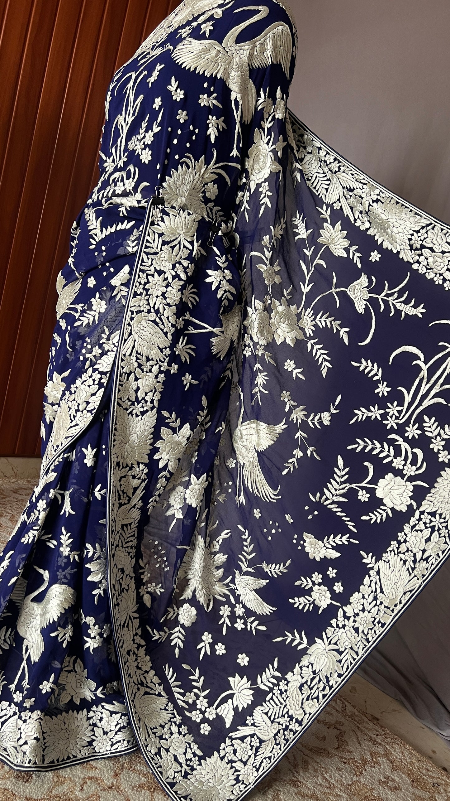 Navy Blue Masterpiece Parsi Gara Pure Georgette Saree