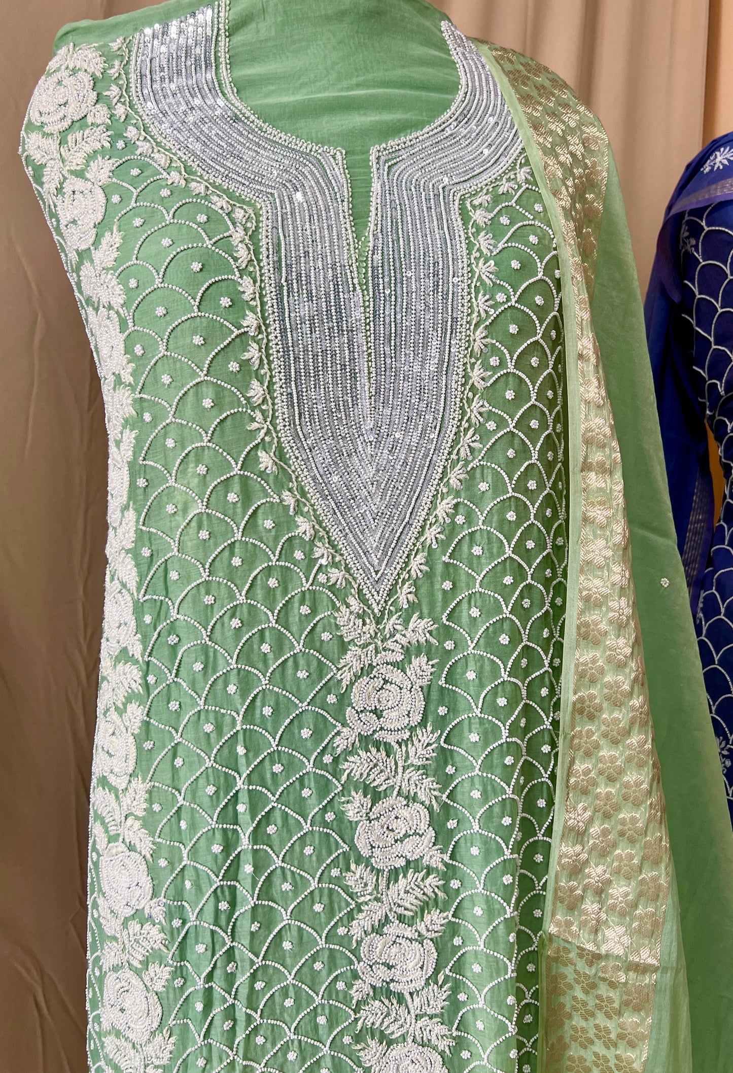 Pista green Mul Chanderi Kurta and Dupatta