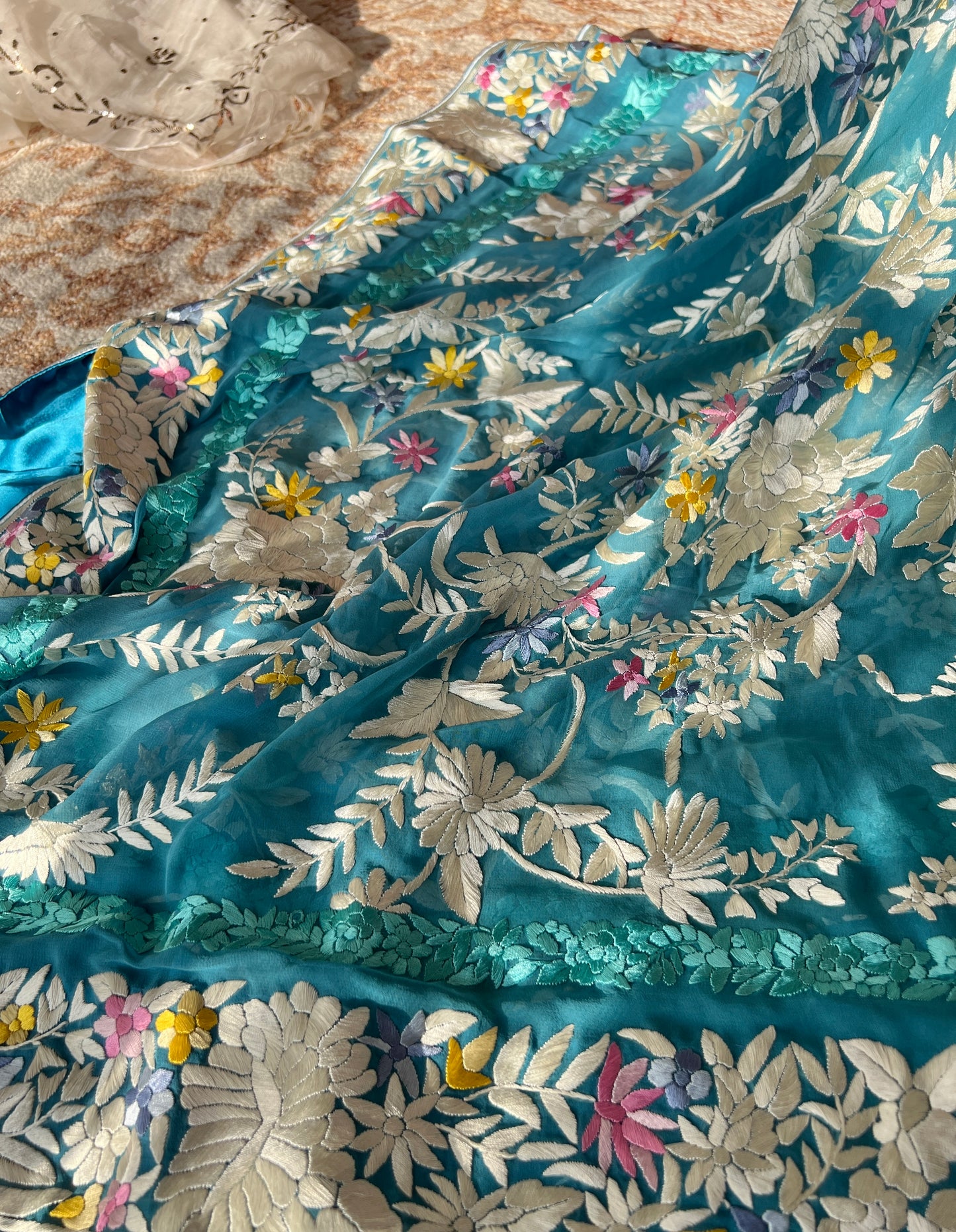 Firozi masterpiece Parsi Gara Dupatta Hand Embroidered