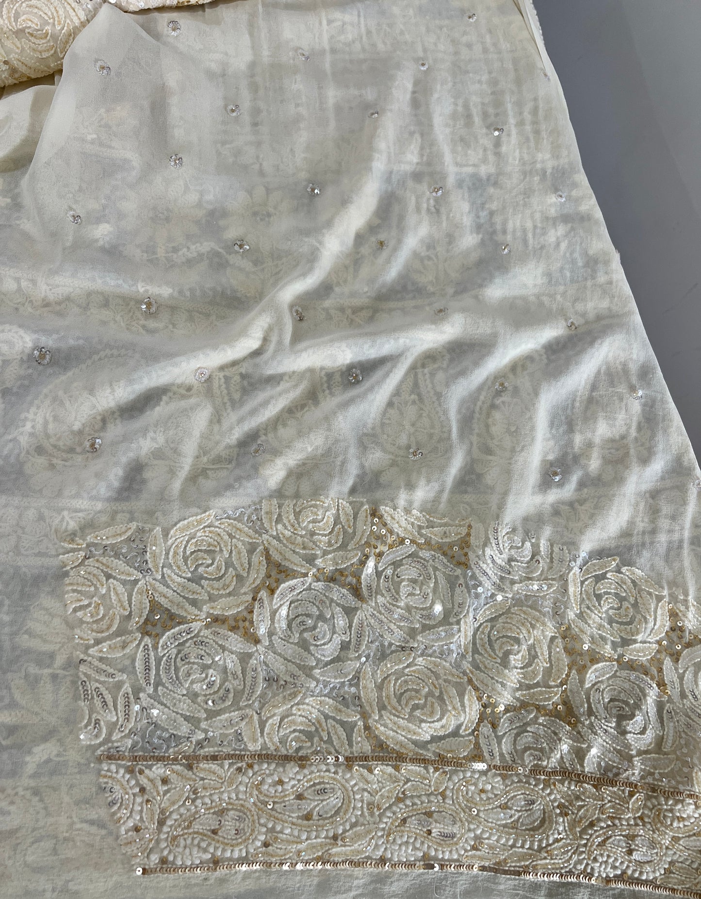 Ruhani Ivory Chikankari Sequins Cut Dana Embroidered Masterpiece Saree