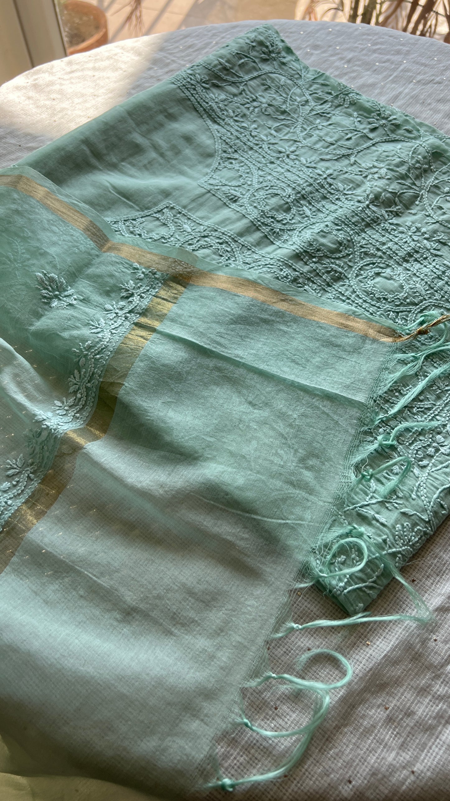 Sage green Mul chanderi Chikankari embroidered kurta and dupatta